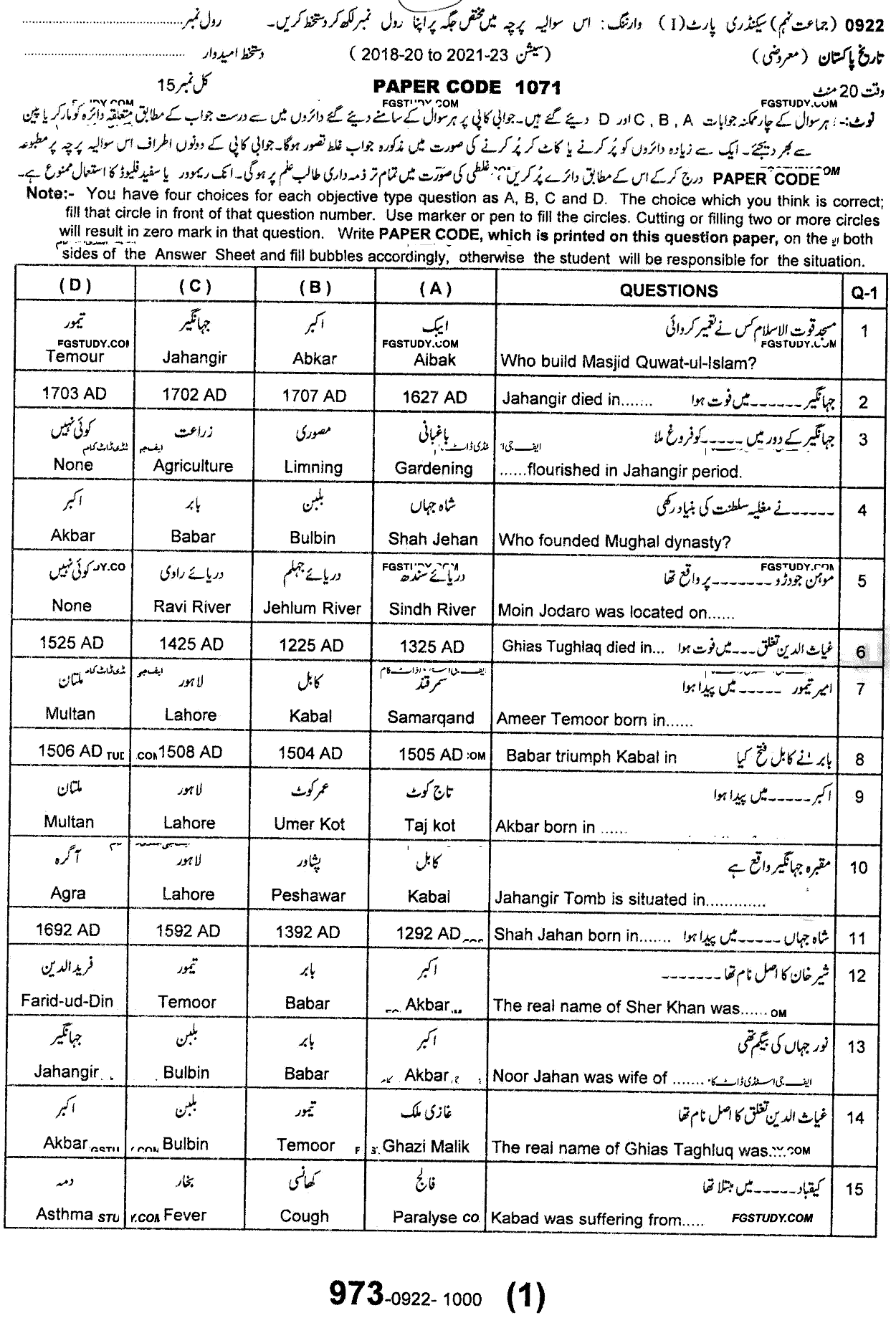 9th Class History Of Pakistan Past Paper 2022 Sargodha Board Objective