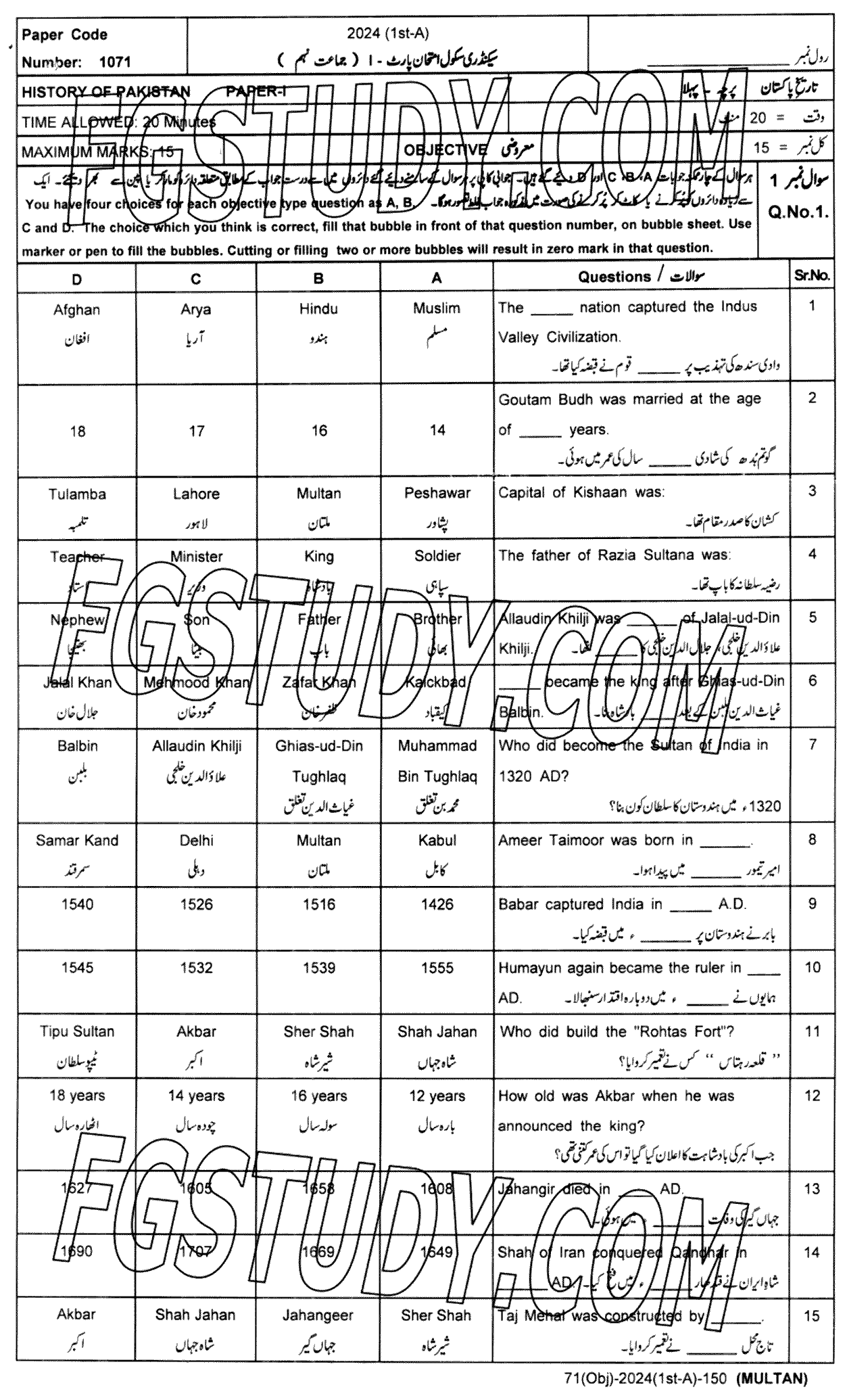 9th Class History Of Pakistan Past Paper 2024 Multan Board Objective