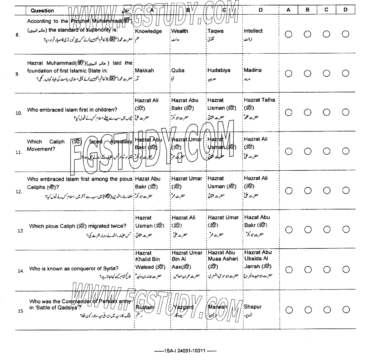 9th Class Islamic History Past Paper 2024 Federal Board Islamabad Objective