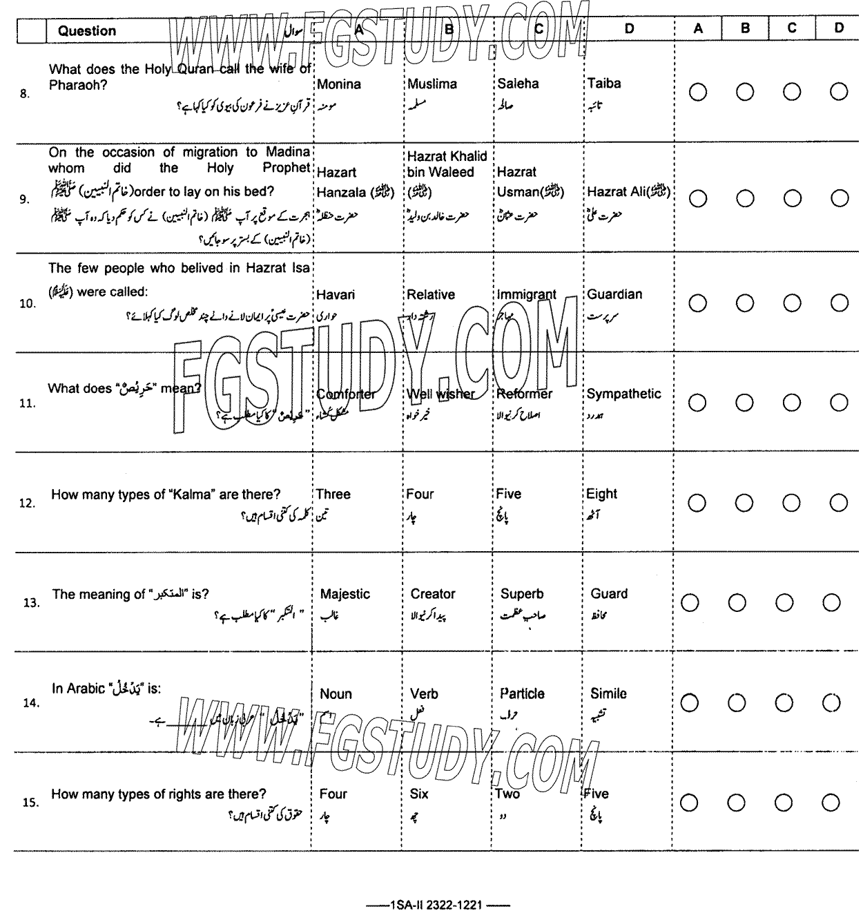 9th Class Islamic Studies Past Paper 2023 Federal Board Islamabad Objective