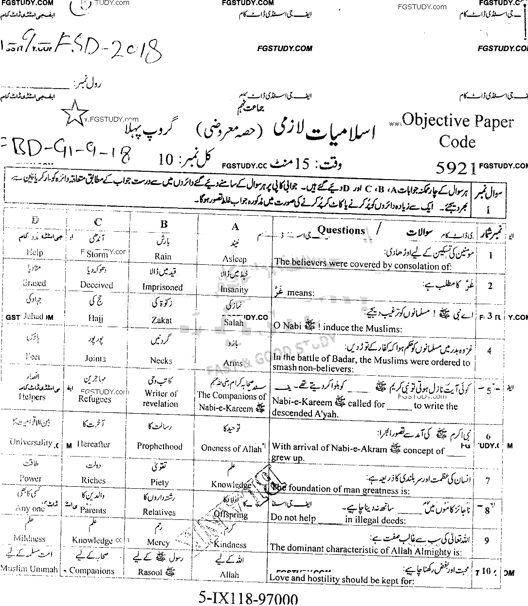 9th Class Islamiyat Past Paper 2018 Faisalabad Board Group 1 Objective