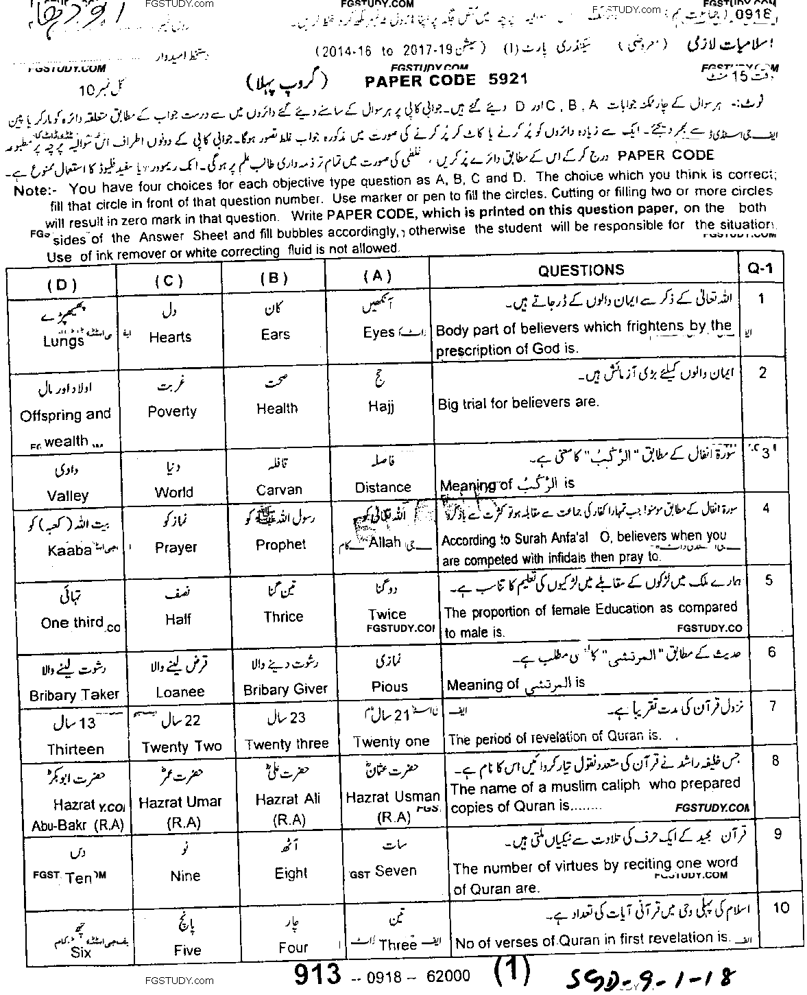 9th Class Islamiyat Past Paper 2018 Sargodha Board Group 1 Objective