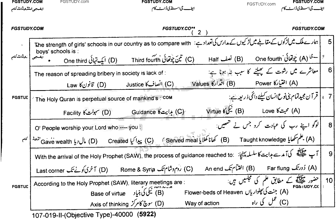 9th Class Islamiyat Past Paper 2019 Lahore Board Group 2 Objective