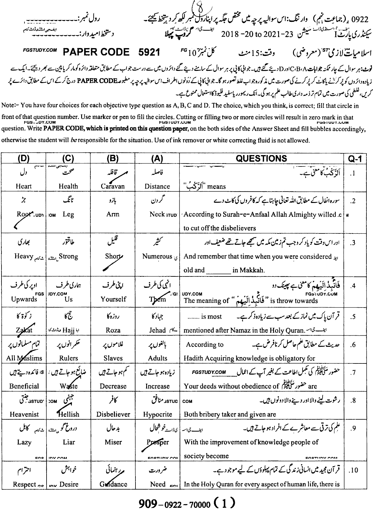 9th Class Islamiyat Past Paper 2022 Sargodha Board Group 1 Objective