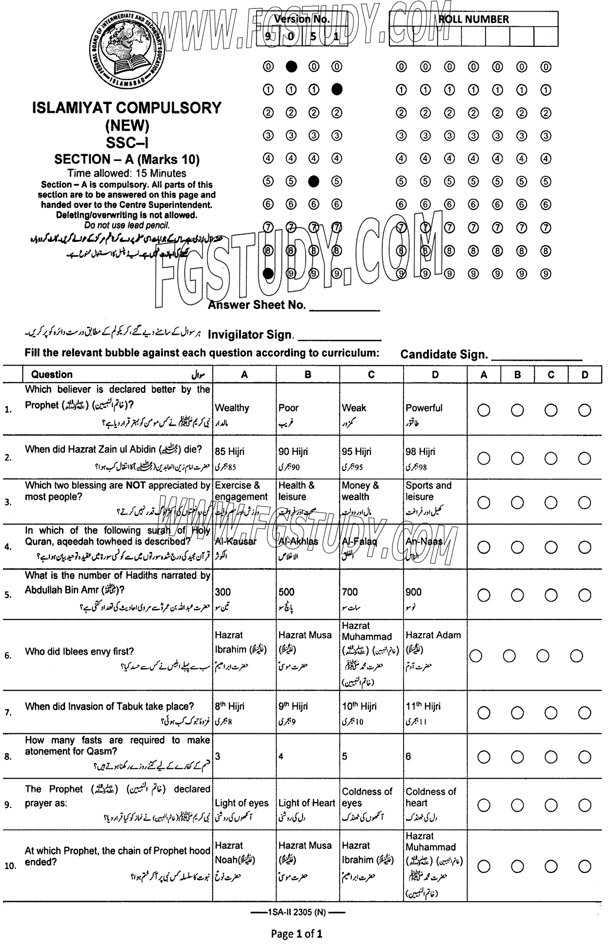 9th Class Islamiyat Past Paper 2023 Federal Board Islamabad Group 1 Objective