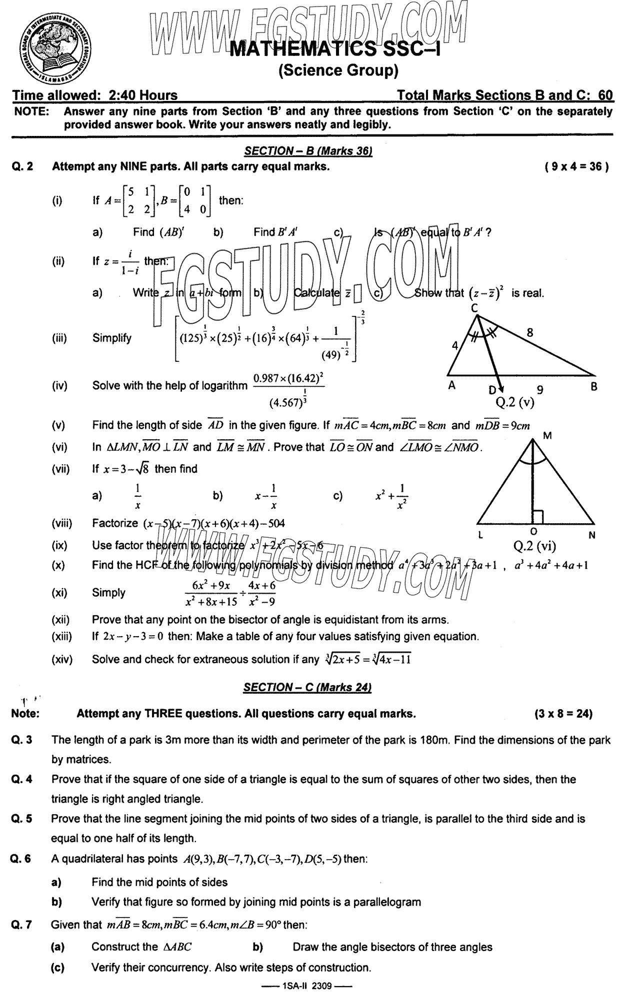9th Class Mathematics Past Paper 2023 Federal Board Islamabad Subjective