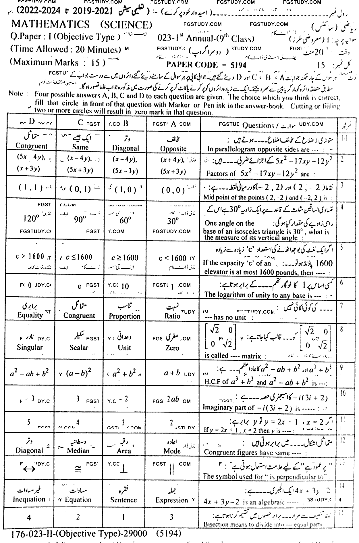 9th Class Mathematics Past Paper 2023 Lahore Board Group 2 Objective