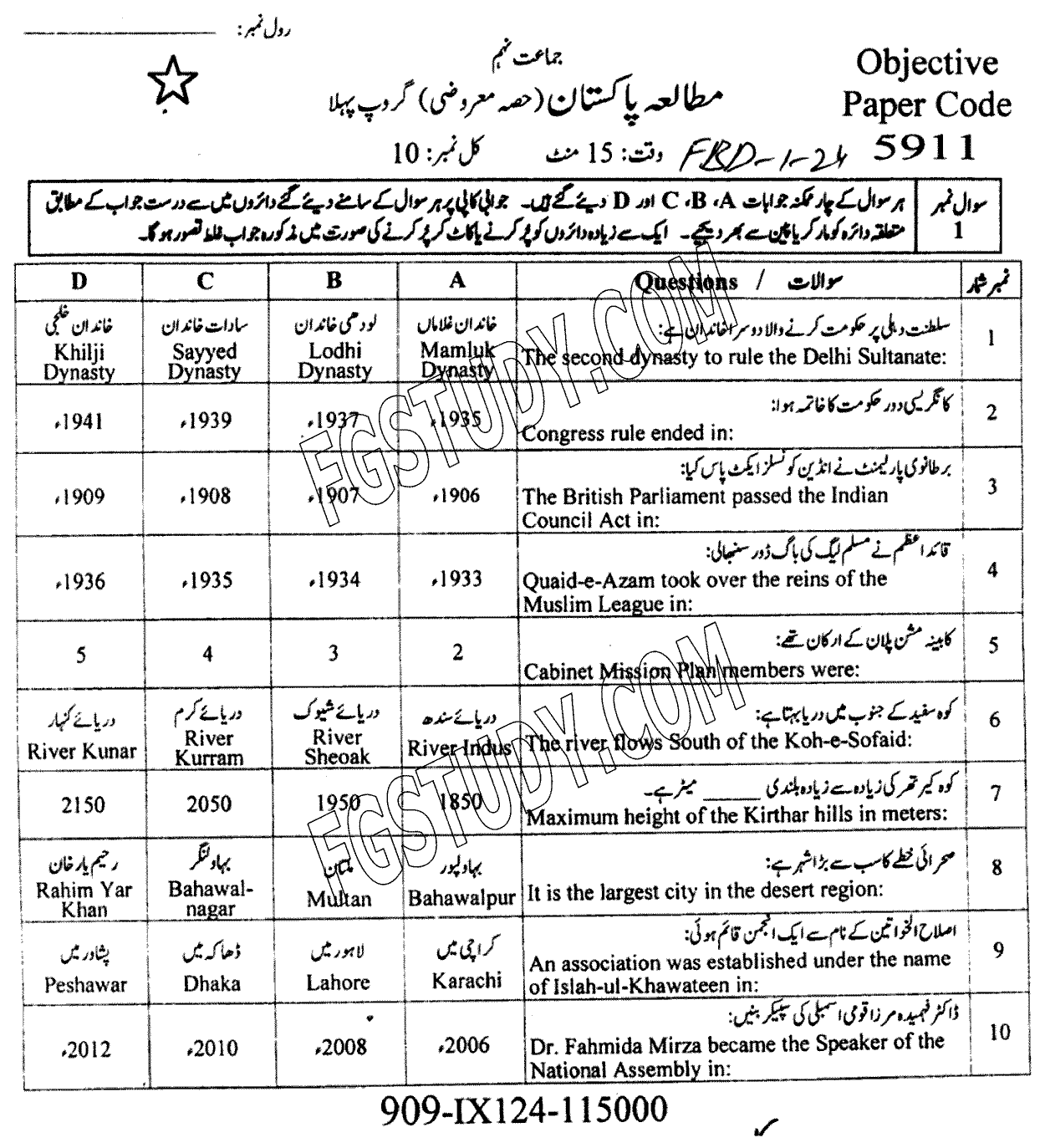 9th Class Pakistan Studies Past Paper 2024 Faisalabad Board Group 1 Objective