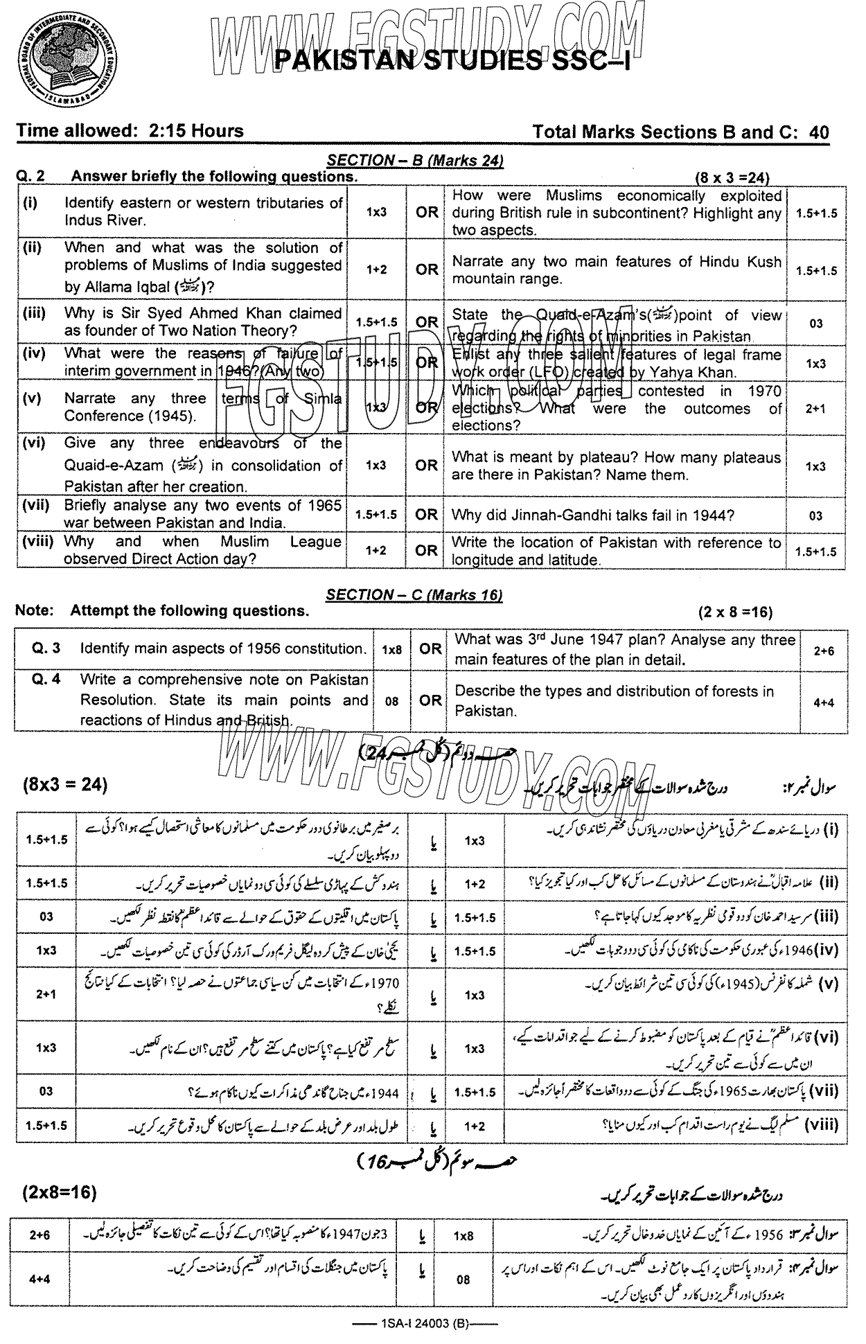 9th Class Pakistan Studies Past Paper 2024 Federal Board Islamabad Group 1 Subjective