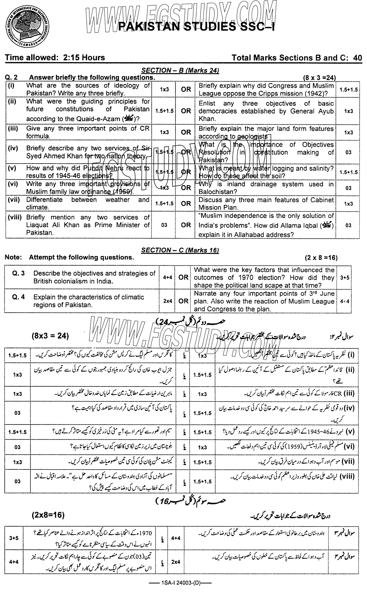 9th Class Pakistan Studies Past Paper 2024 Federal Board Islamabad Group 2 Subjective