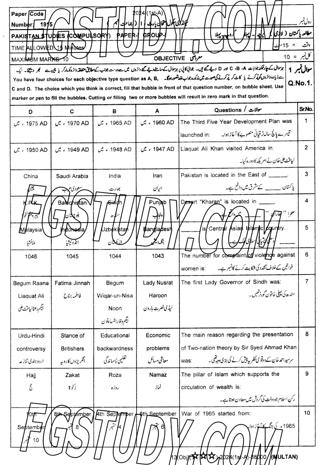 9th Class Pakistan Studies Past Paper 2024 Multan Board Group 1 Objective