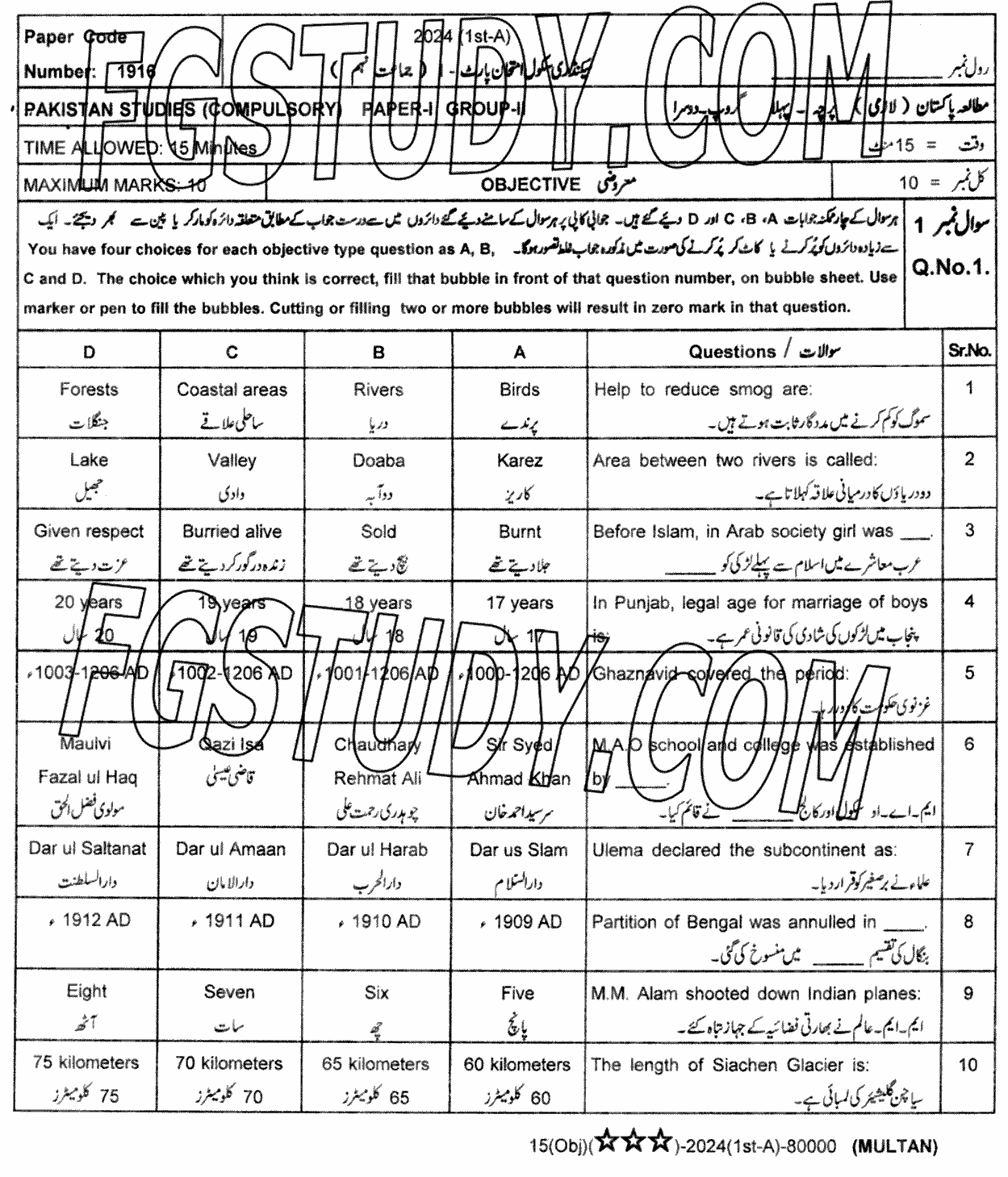 9th Class Pakistan Studies Past Paper 2024 Multan Board Group 2 Objective