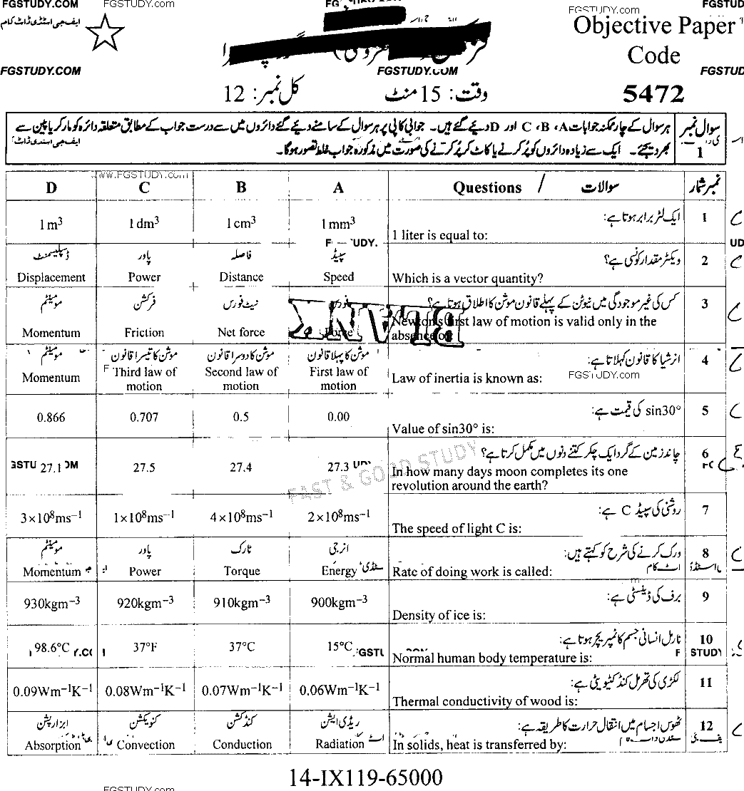 9th Class Physics Past Paper 2019 Faisalabad Board Group 2 Objective