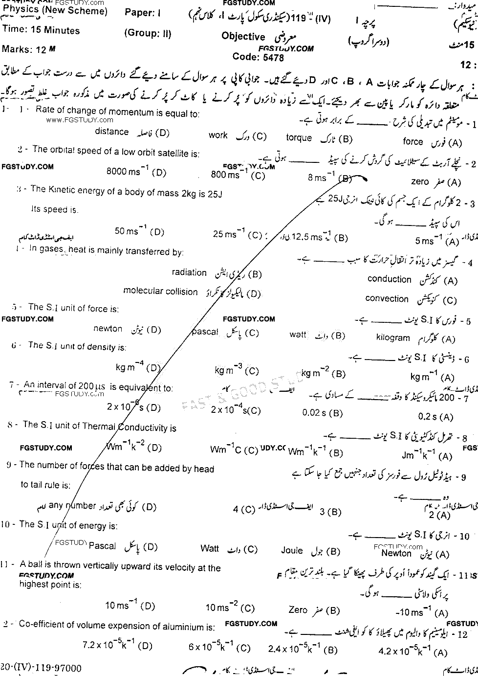 9th Class Physics Past Paper 2019 Gujranwala Board Group 2 Objective