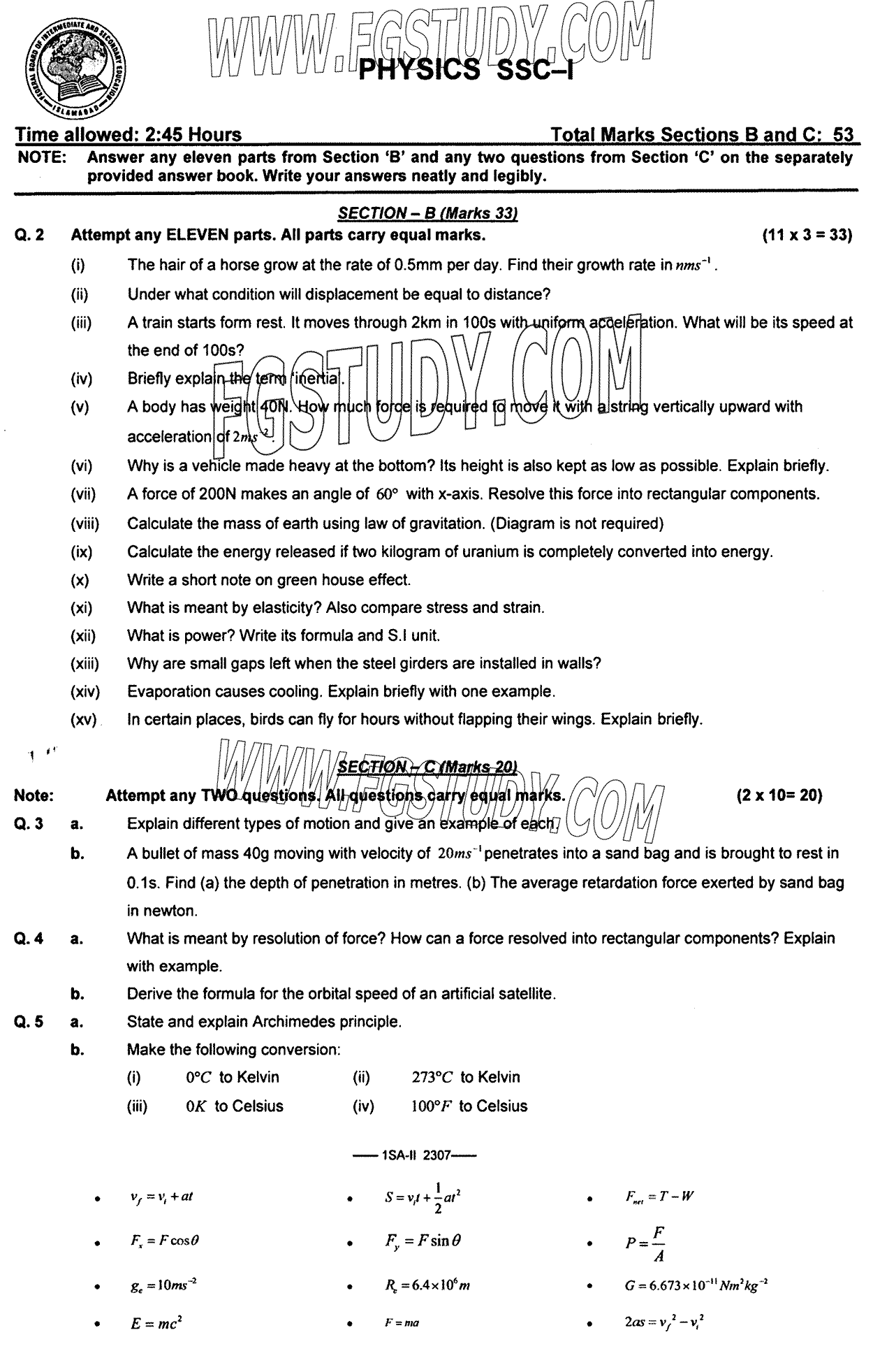 9th Class Physics Past Paper 2023 Federal Board Islamabad Subjective