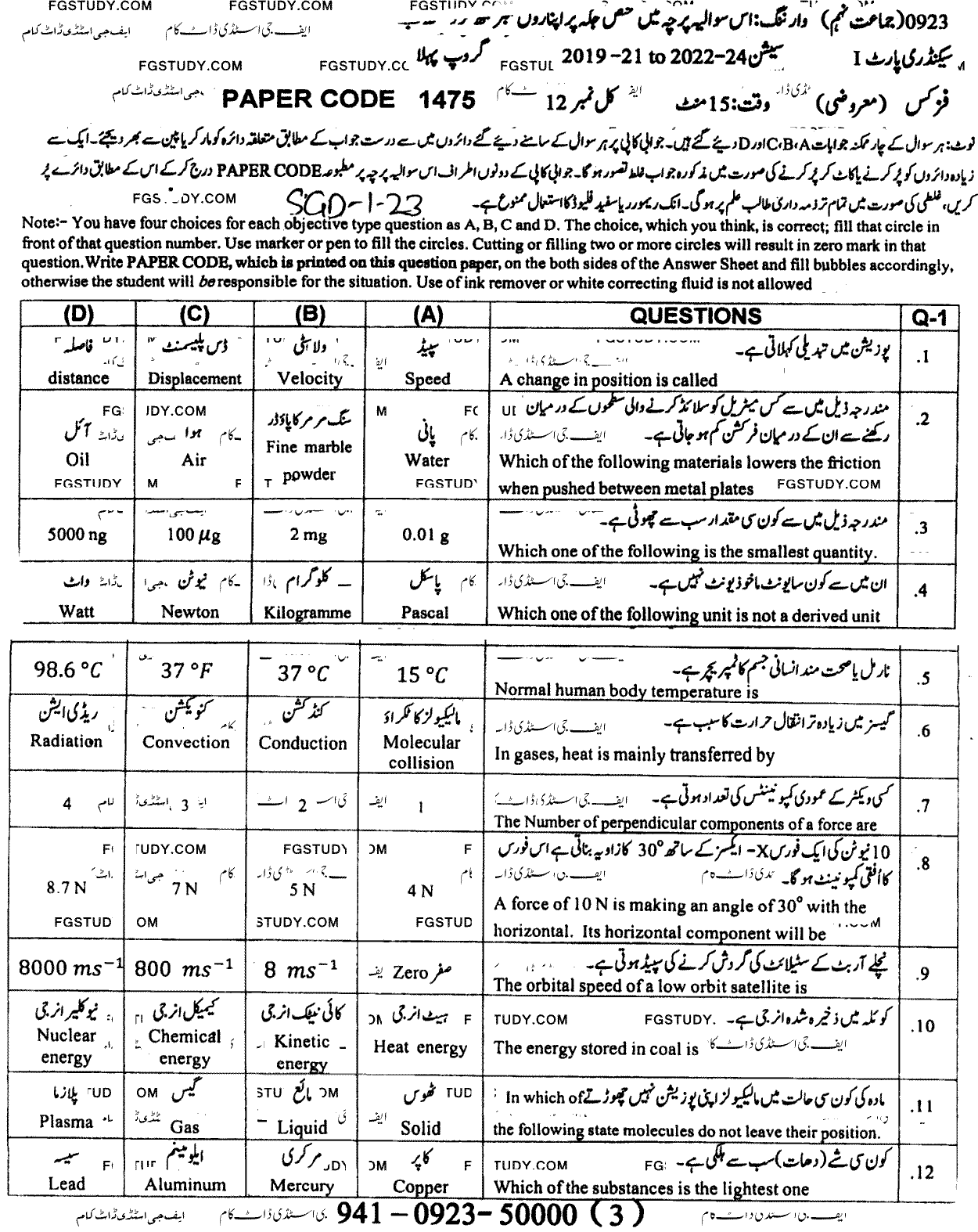 9th Class Physics Past Paper 2023 Sargodha Board Group 1 Objective