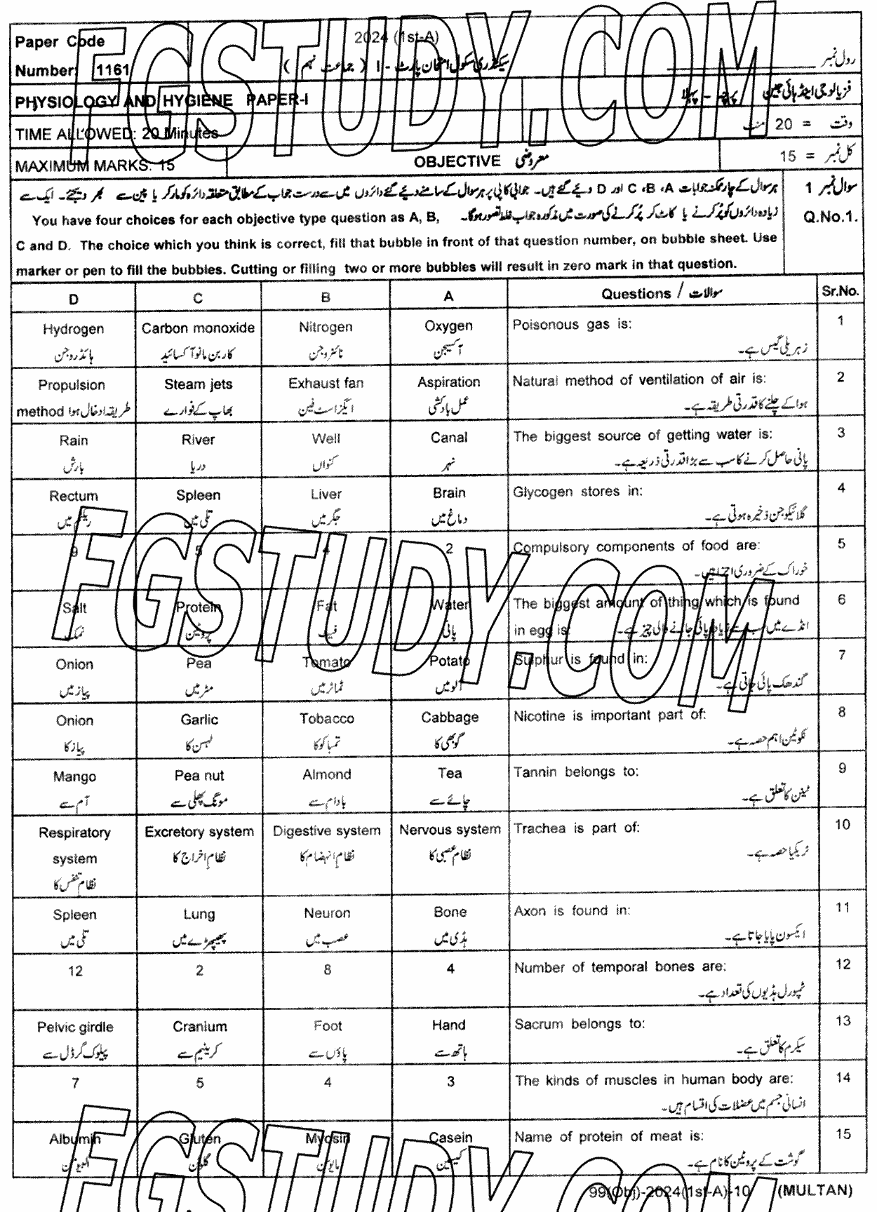 9th Class Physiology And Hygiene Past Paper 2024 Multan Board Objective