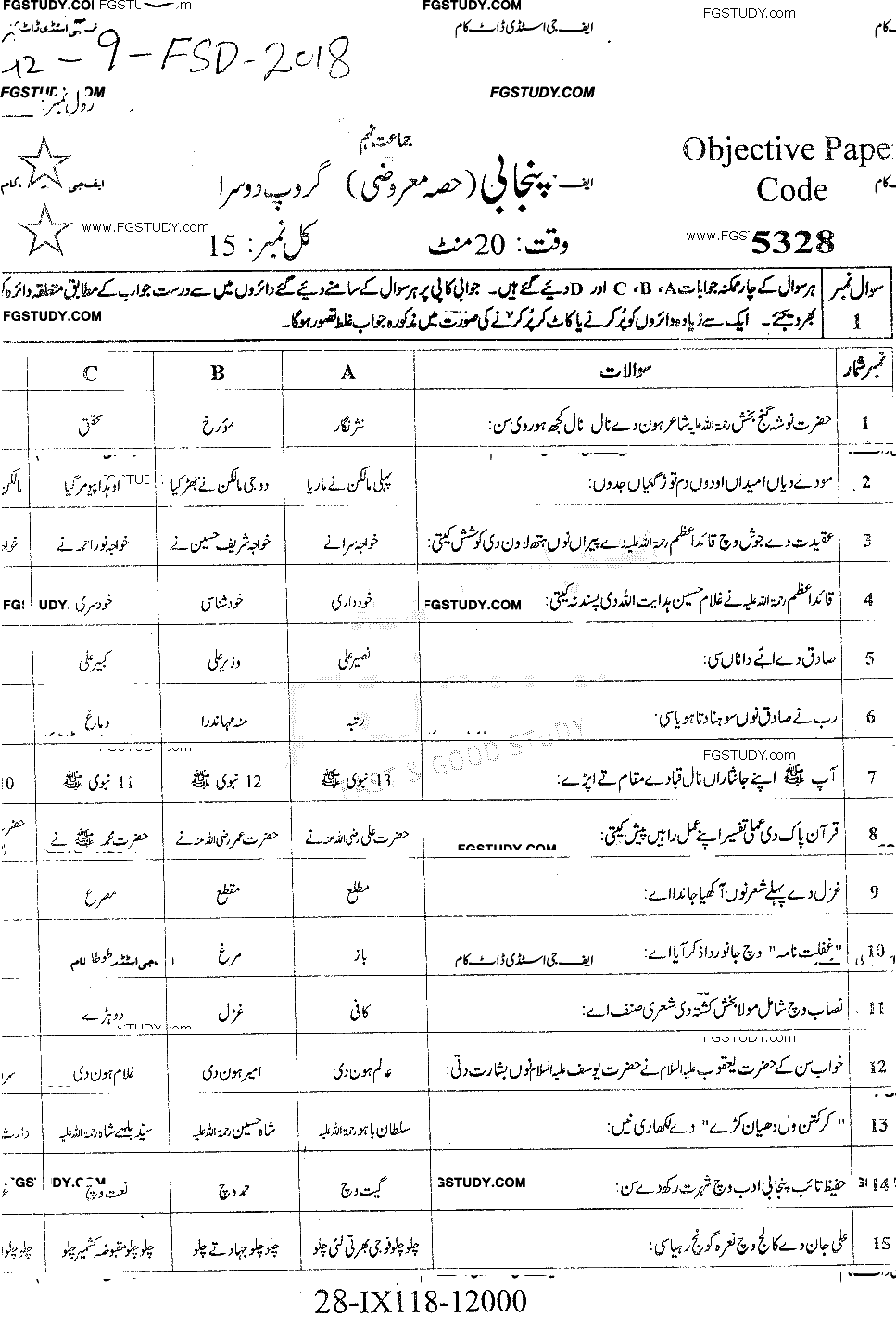 9th Class Punjabi Past Paper 2018 Faisalabad Board Group 1 Objective