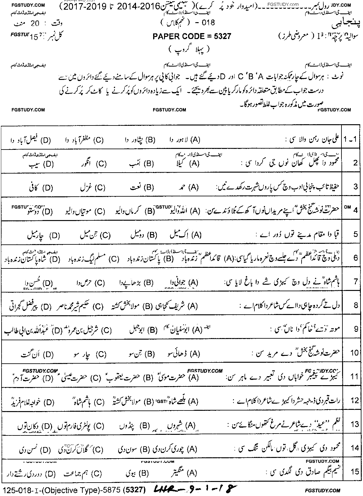 9th Class Punjabi Past Paper 2018 Lahore Board Group 1 Objective