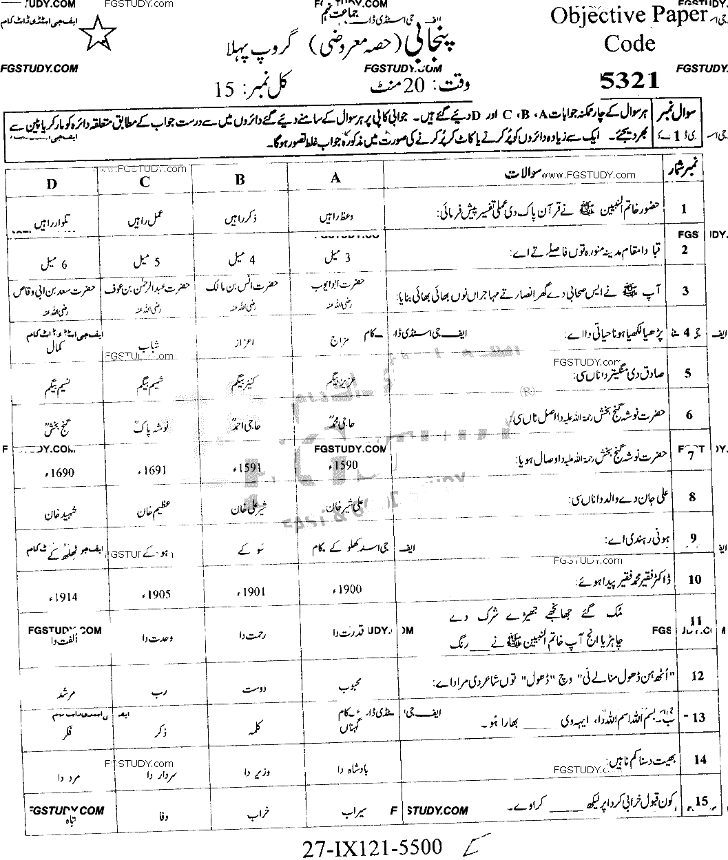9th Class Punjabi Past Paper 2021 Faisalabad Board Group 1 Objective