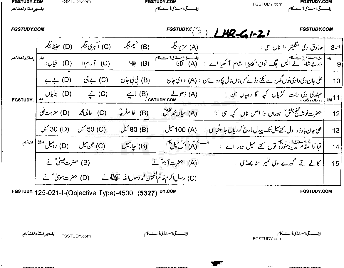 9th Class Punjabi Past Paper 2021 Lahore Board Group 1 Objective