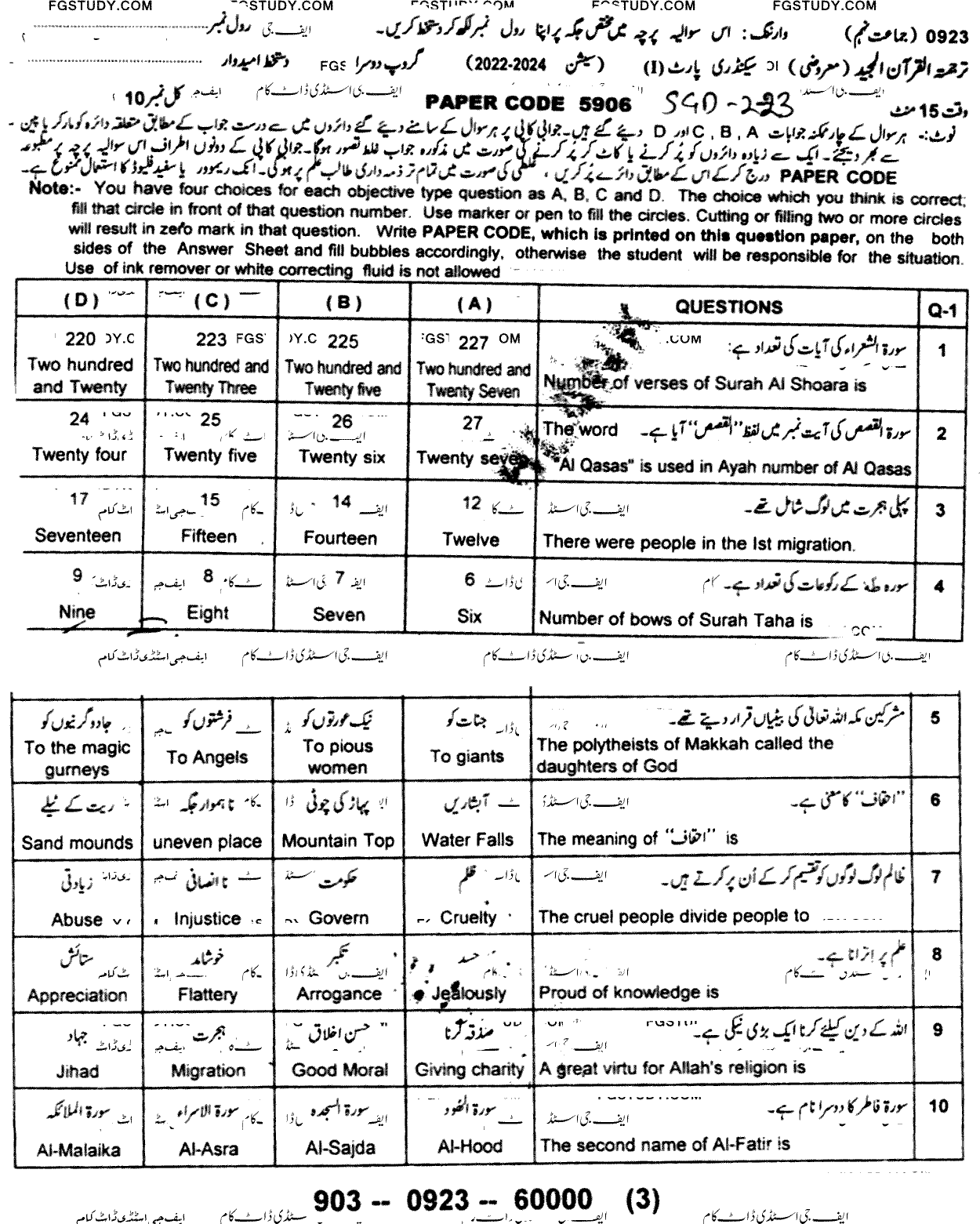 9th Class Tarjama Tul Quran Ul Majeed Past Paper 2023 Sargodha Board Group 2 Objective
