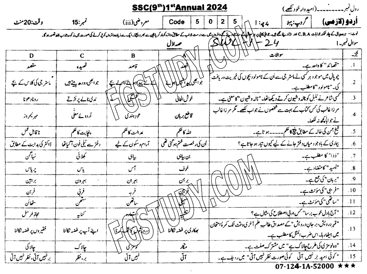 9th Class Urdu Past Paper 2024 Sahiwal Board Group 1 Objective