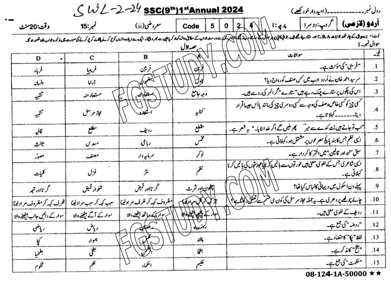 9th Class Urdu Past Paper 2024 Sahiwal Board Group 2 Objective