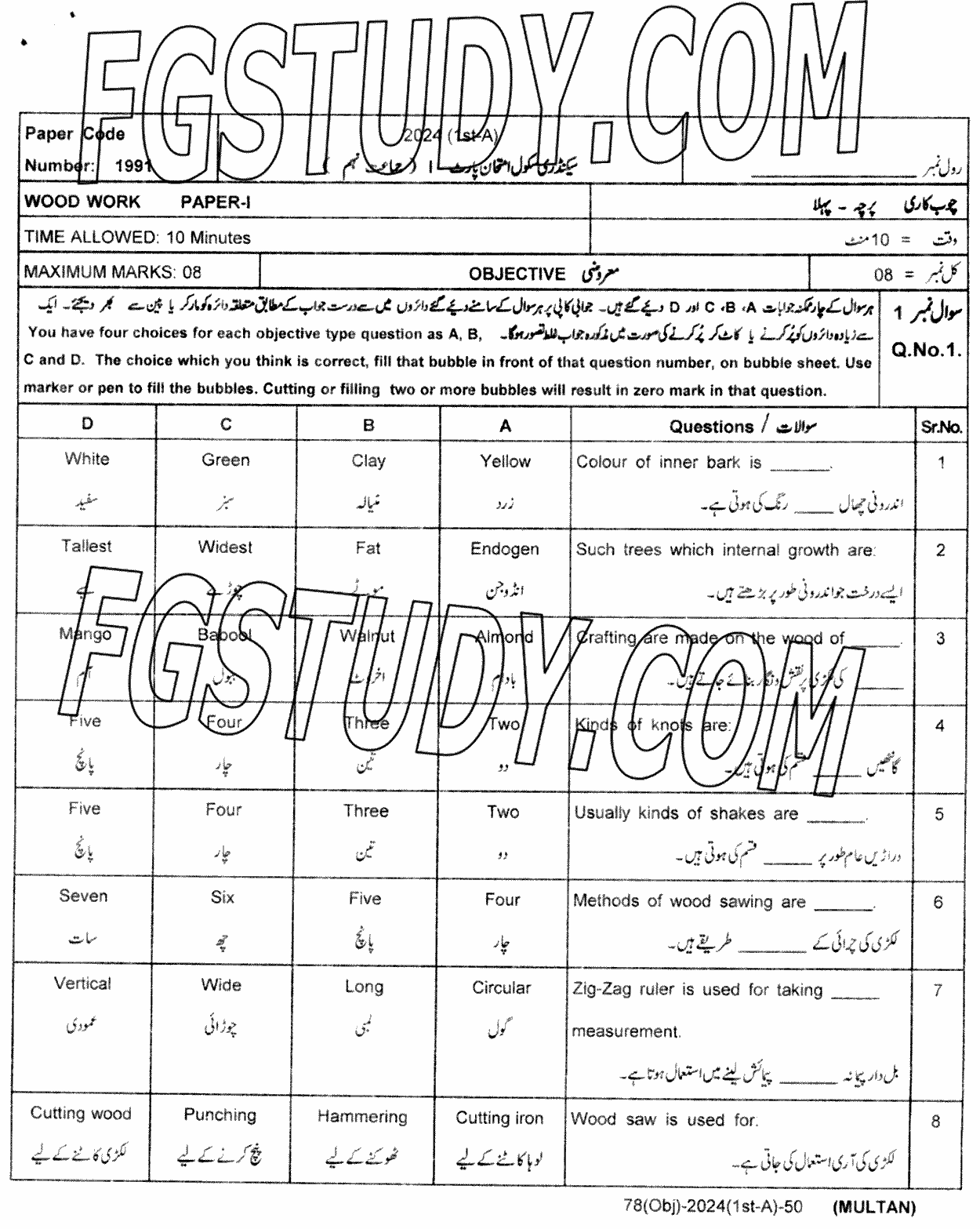 9th Class Wood Working And Furniture Making Past Paper 2024 Multan Board Objective