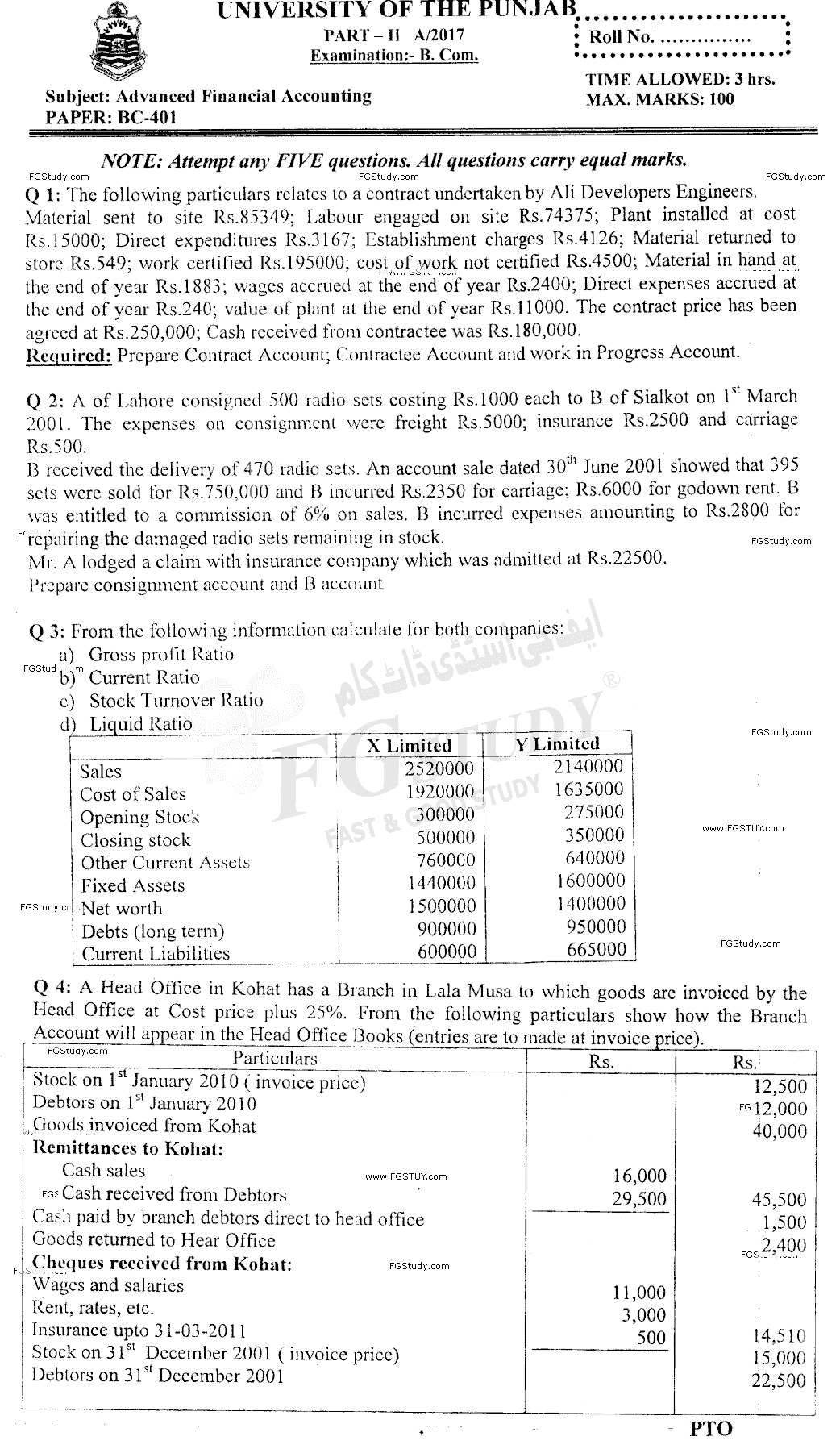 B Com Part 2 Advance Financial Accounting Past Paper 2017 Punjab University