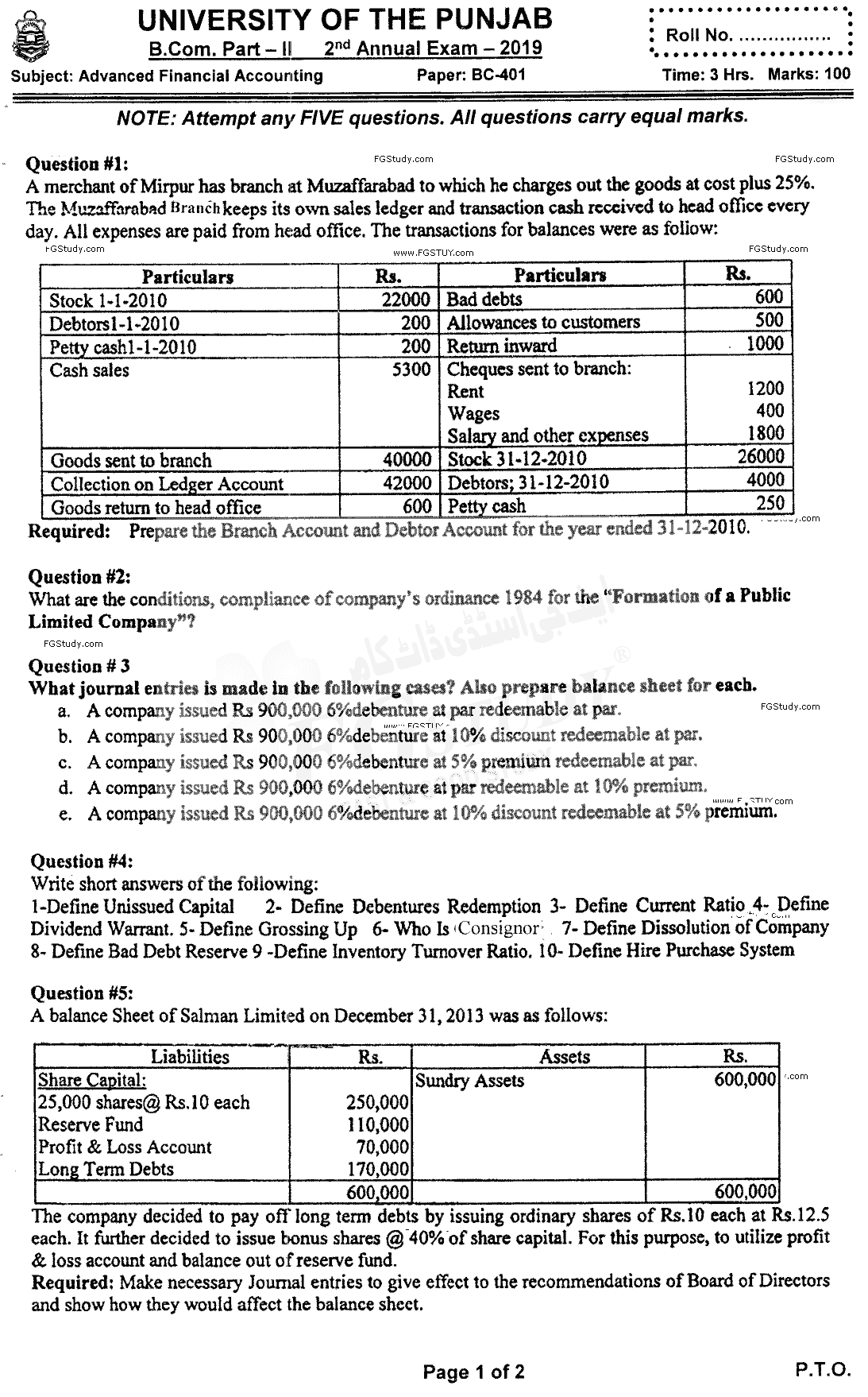 B Com Part 2 Advance Financial Accounting Past Paper 2019 Punjab University
