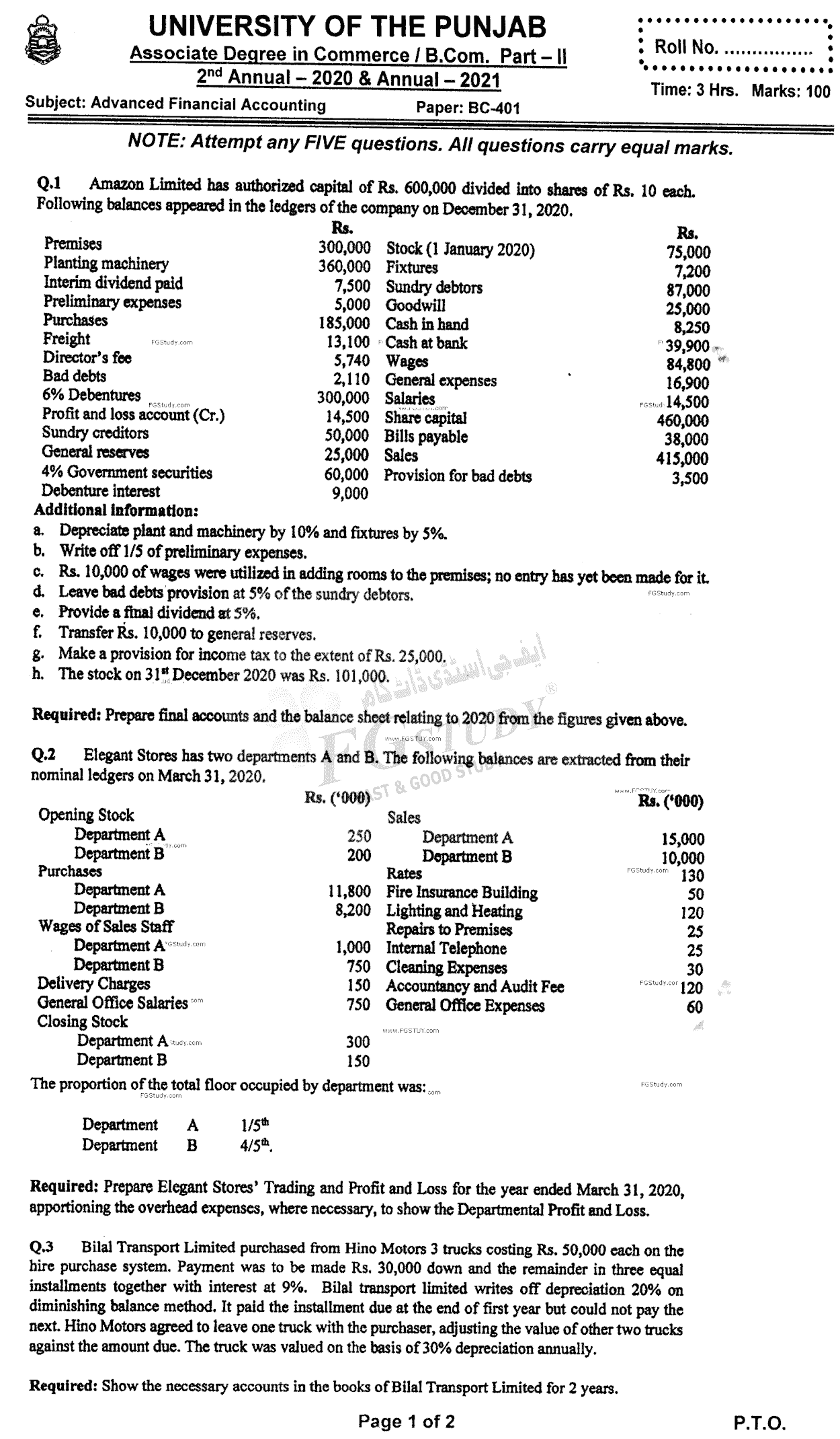 B Com Part 2 Advance Financial Accounting Past Paper 2021 Punjab University