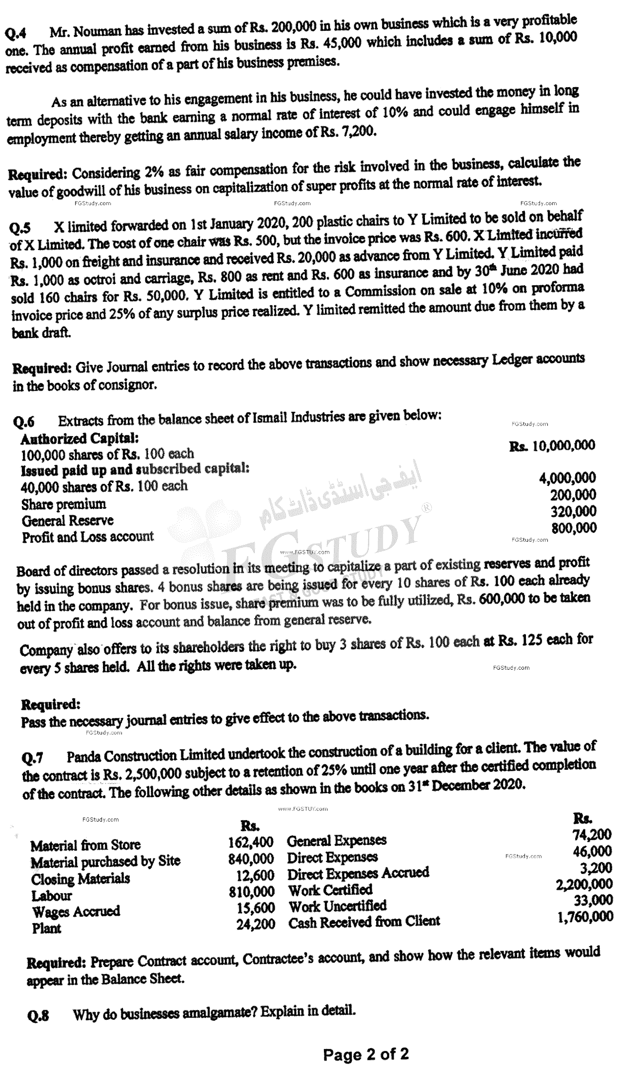 B Com Part 2 Advance Financial Accounting Past Paper 2021 Punjab University
