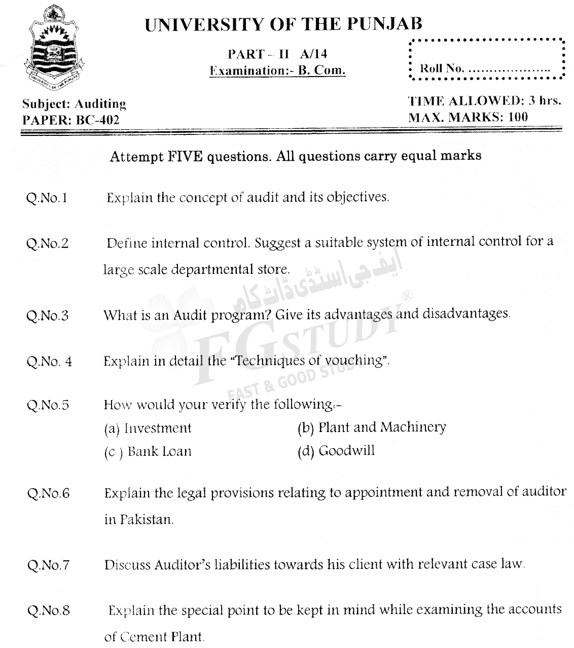 B Com Part 2 Auditing Past Paper 2014 Punjab University