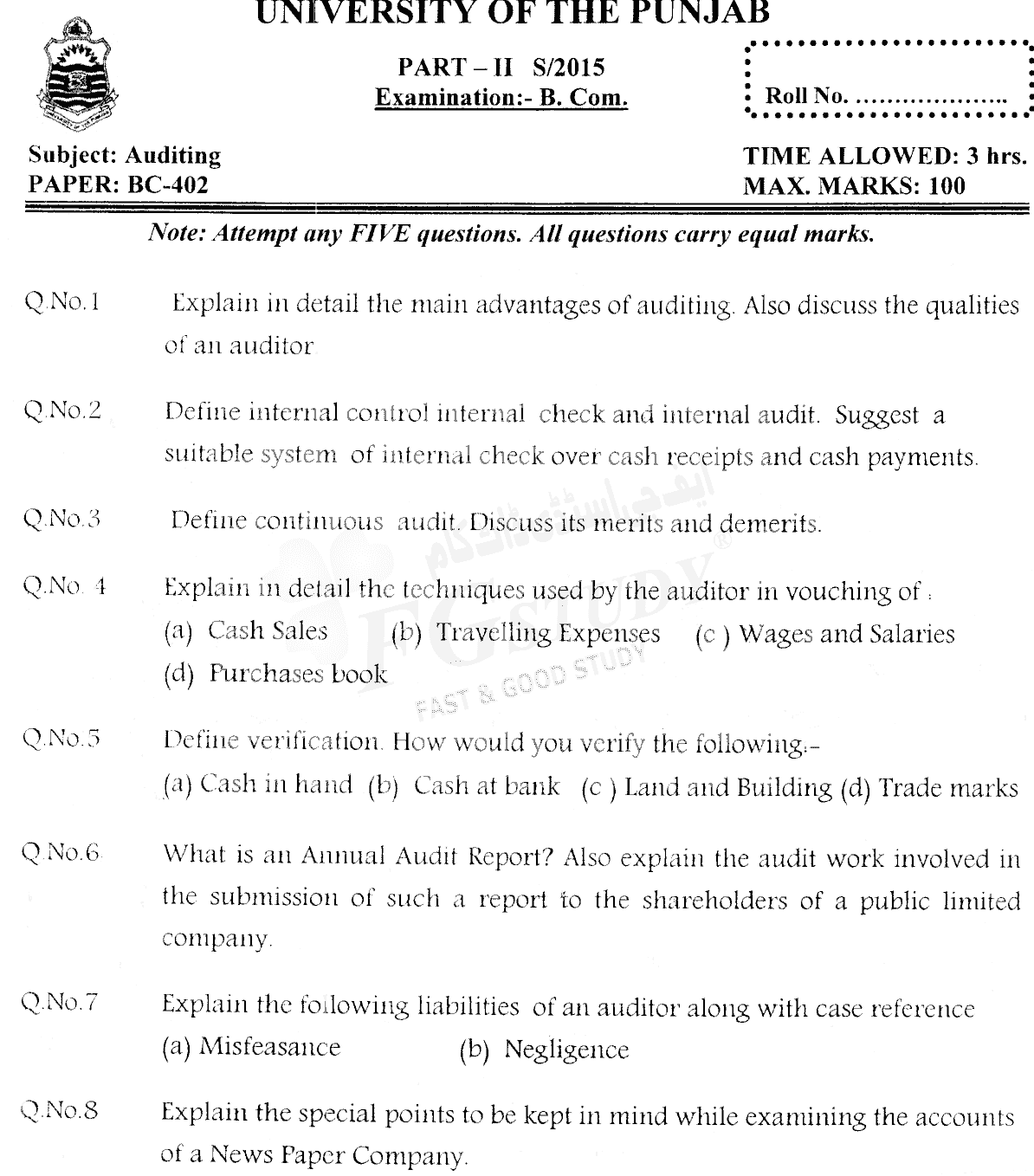 B Com Part 2 Auditing Past Paper 2015 Punjab University