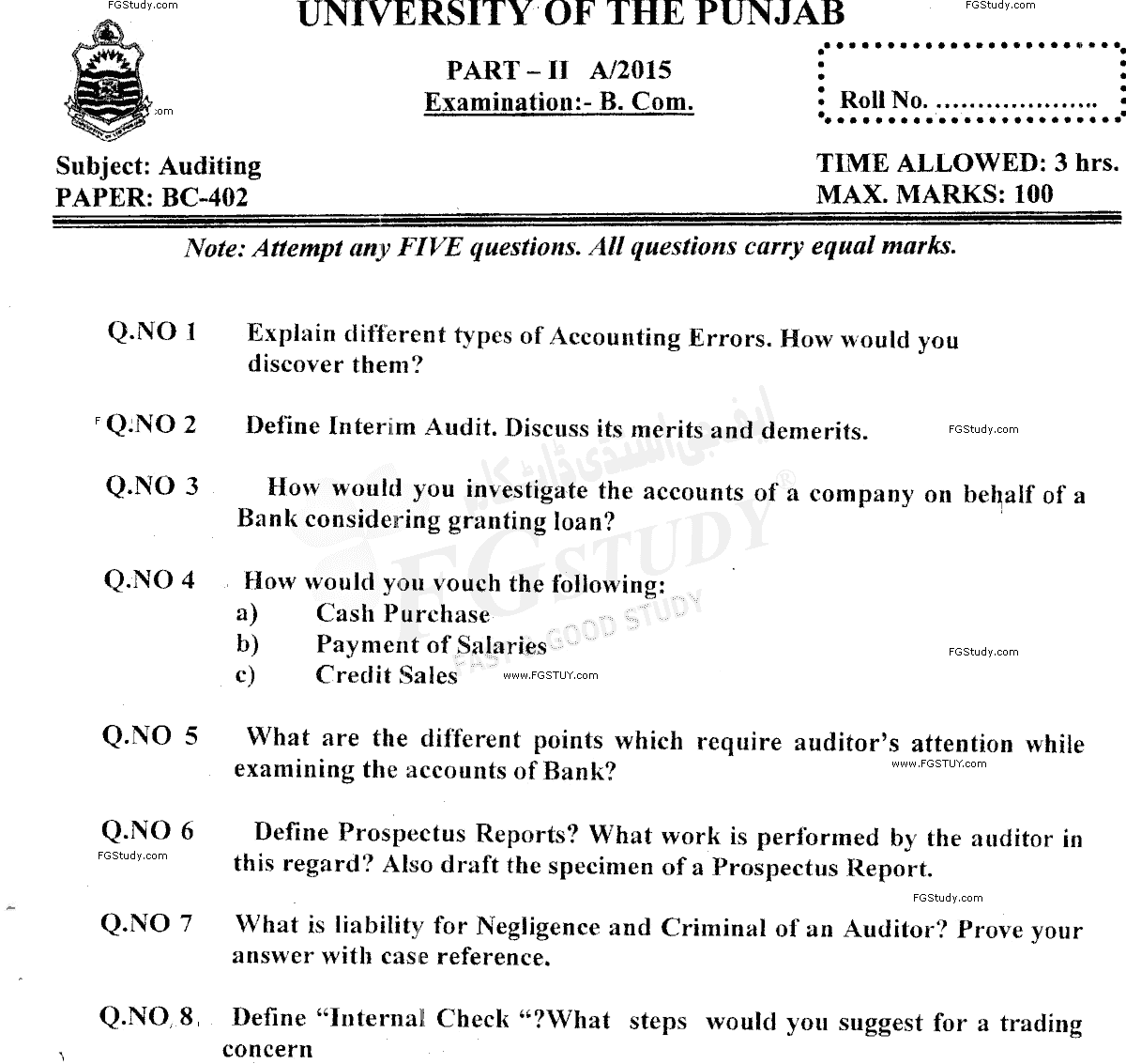 B Com Part 2 Auditing Past Paper 2015 Punjab University