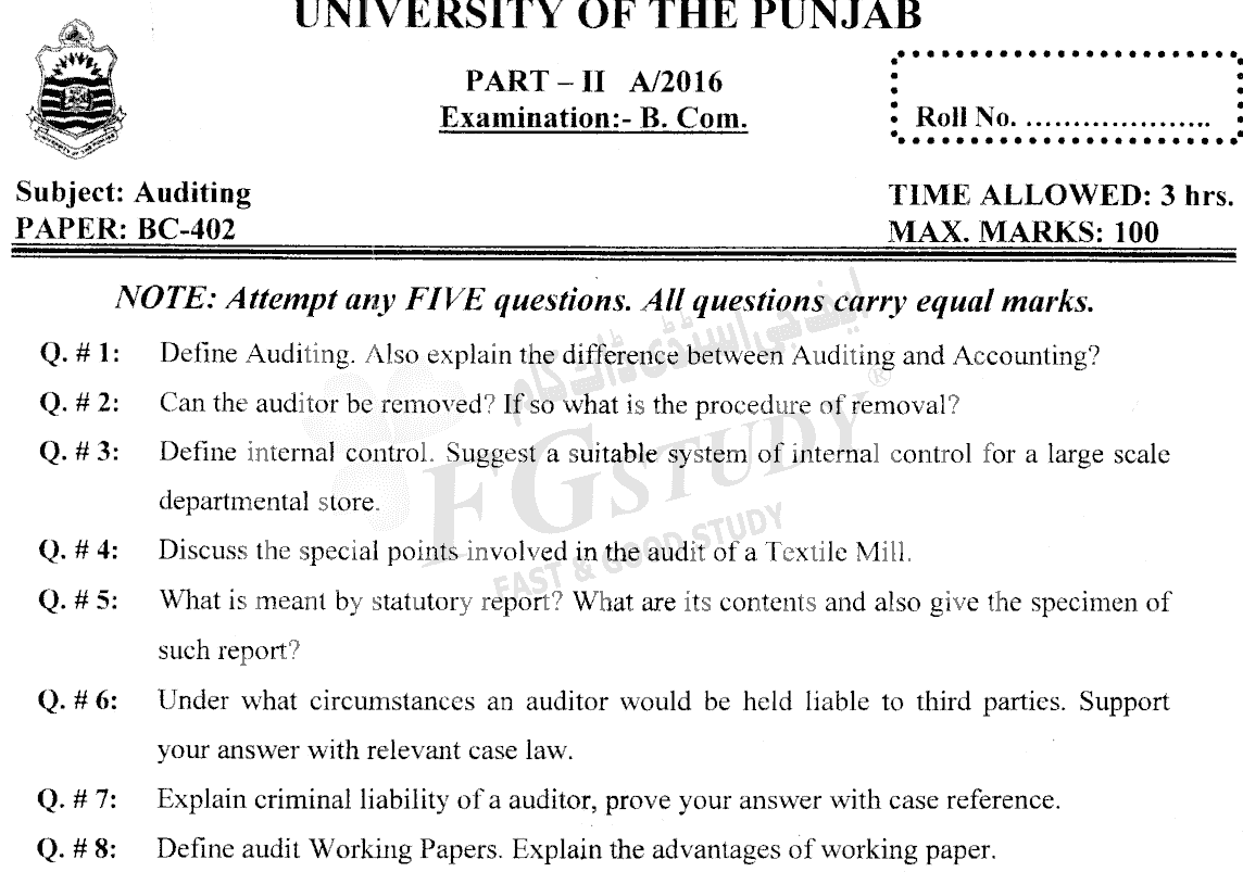 B Com Part 2 Auditing Past Paper 2016 Punjab University