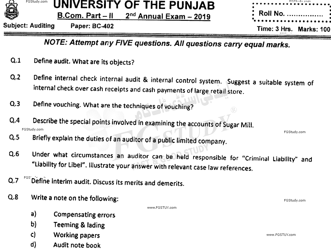 B Com Part 2 Auditing Past Paper 2019 Punjab University