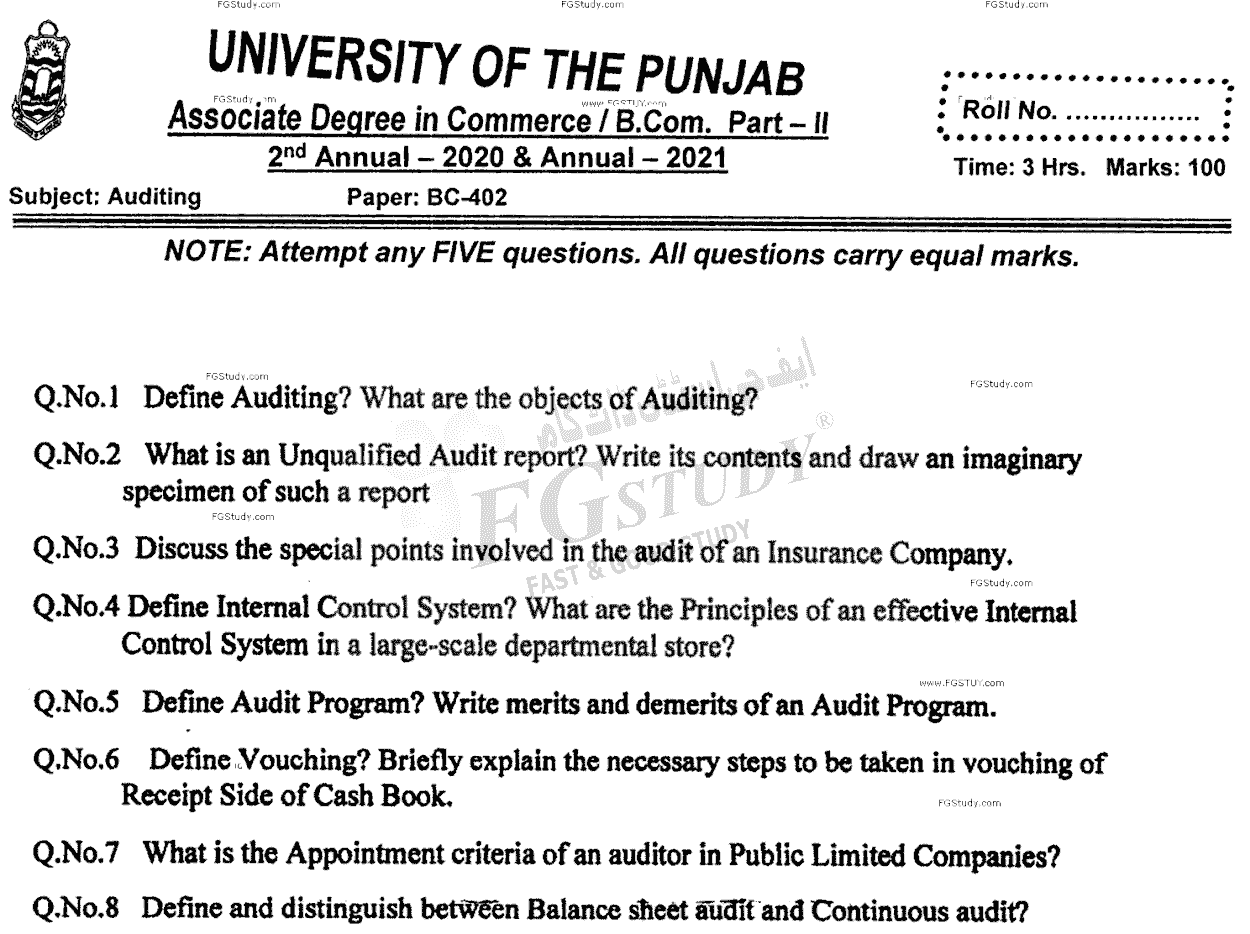 B Com Part 2 Auditing Past Paper 2021 Punjab University