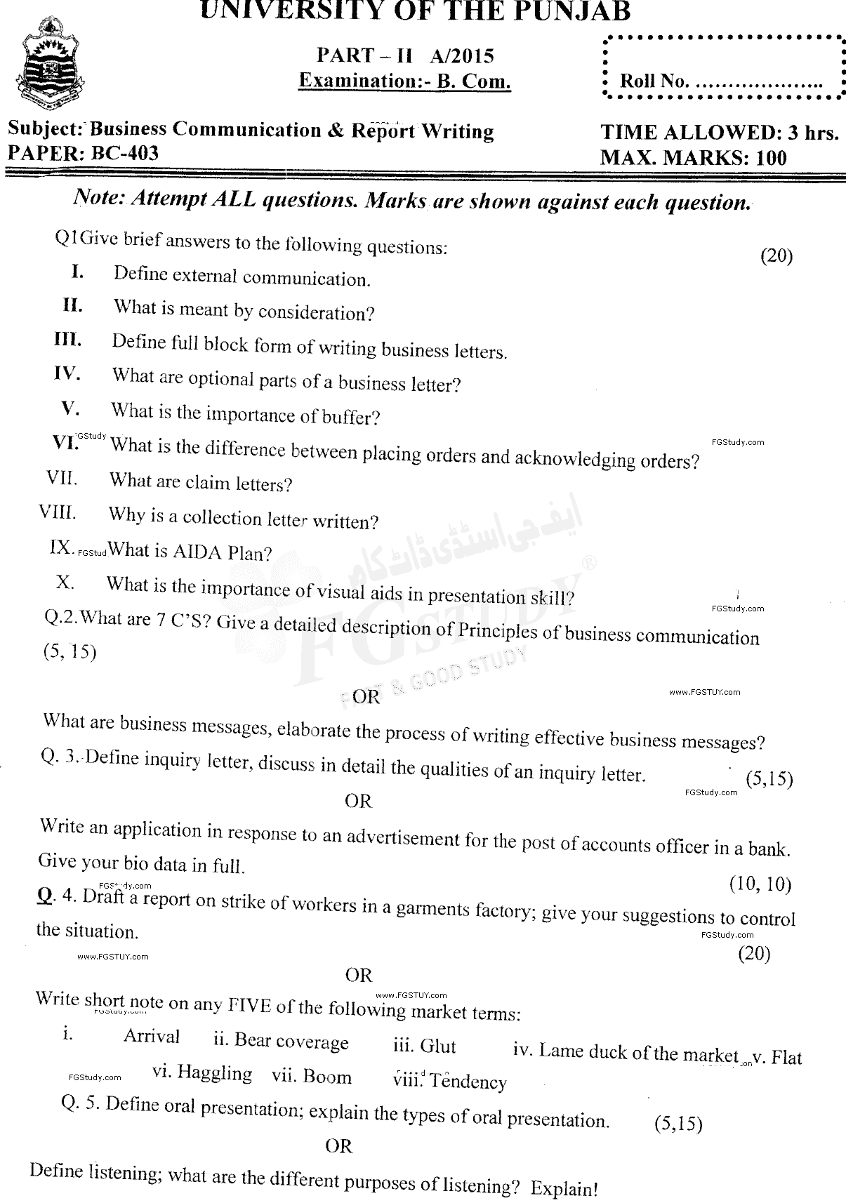 B Com Part 2 Business Communication And Report Writing Past Paper 2015 Punjab University