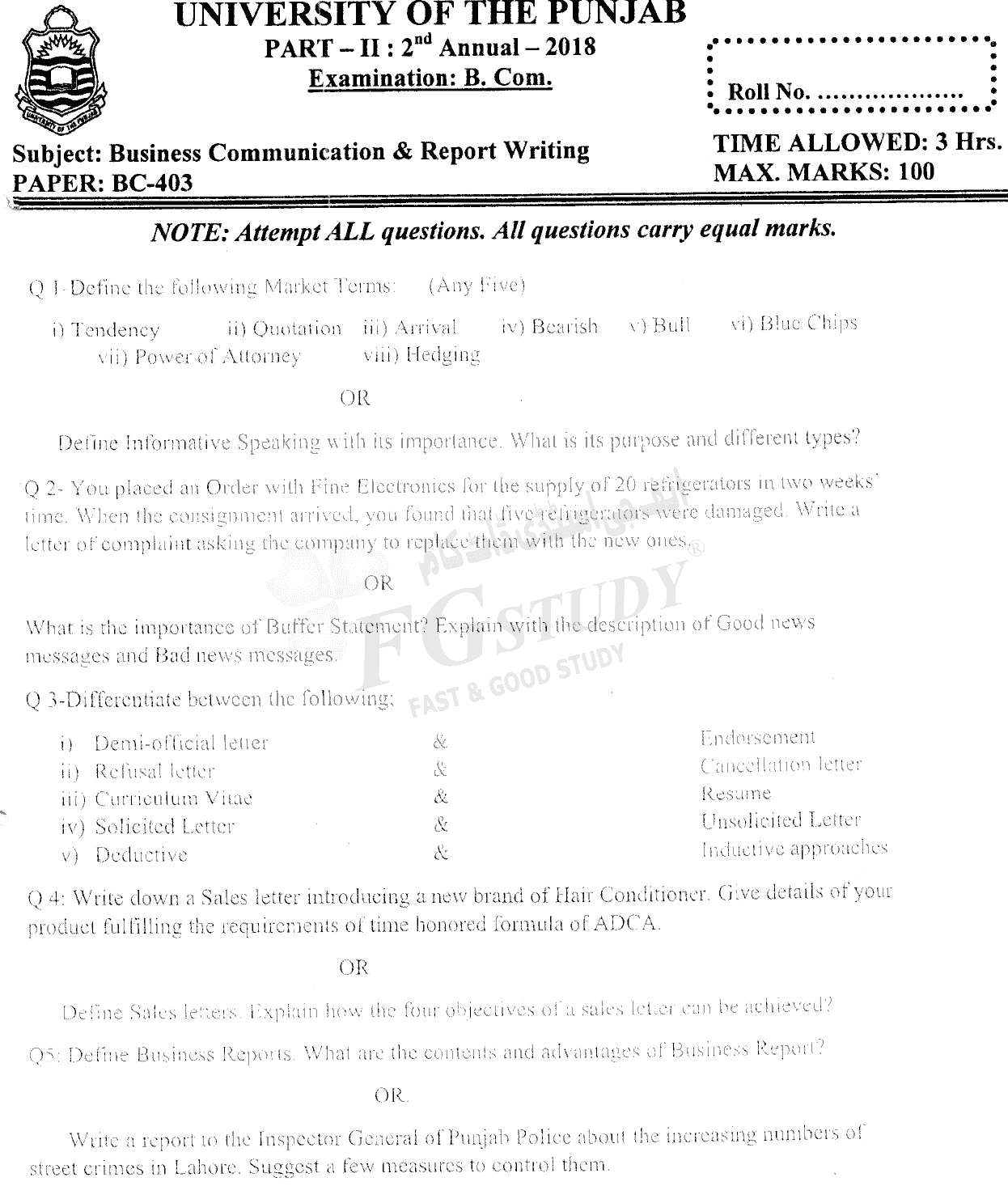 B Com Part 2 Business Communication And Report Writing Past Paper 2018 Punjab University