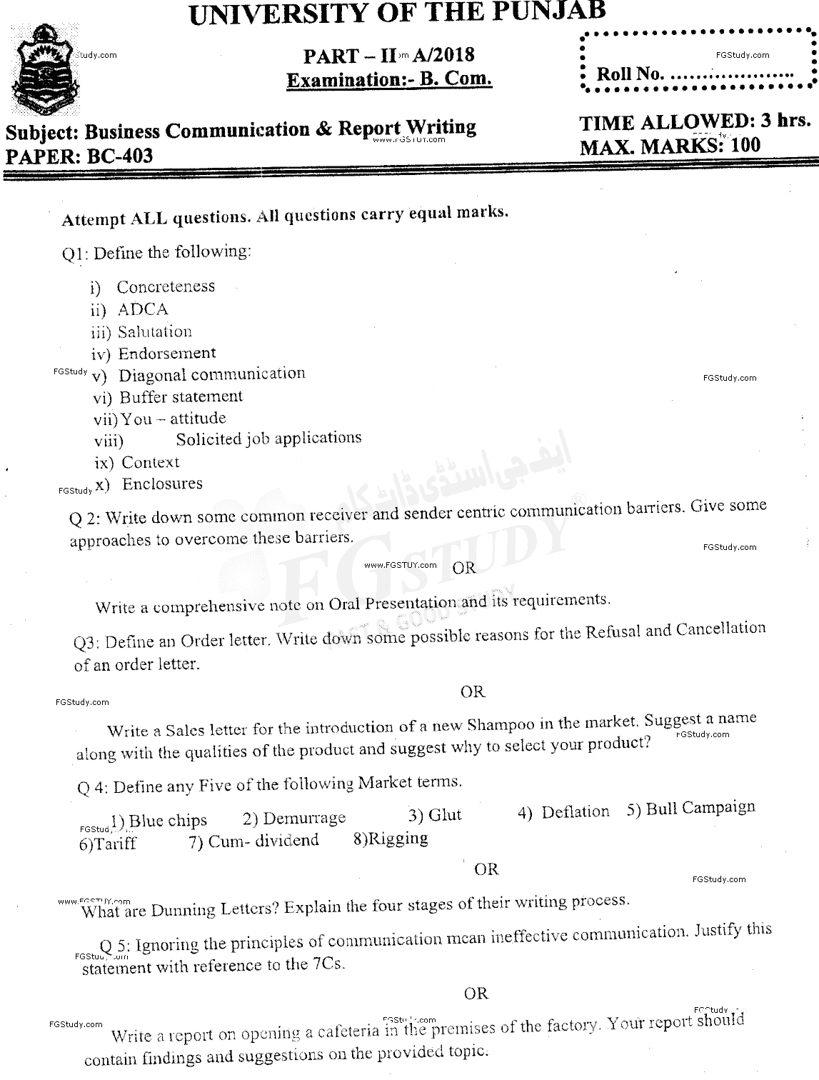 B Com Part 2 Business Communication And Report Writing Past Paper 2018 Punjab University