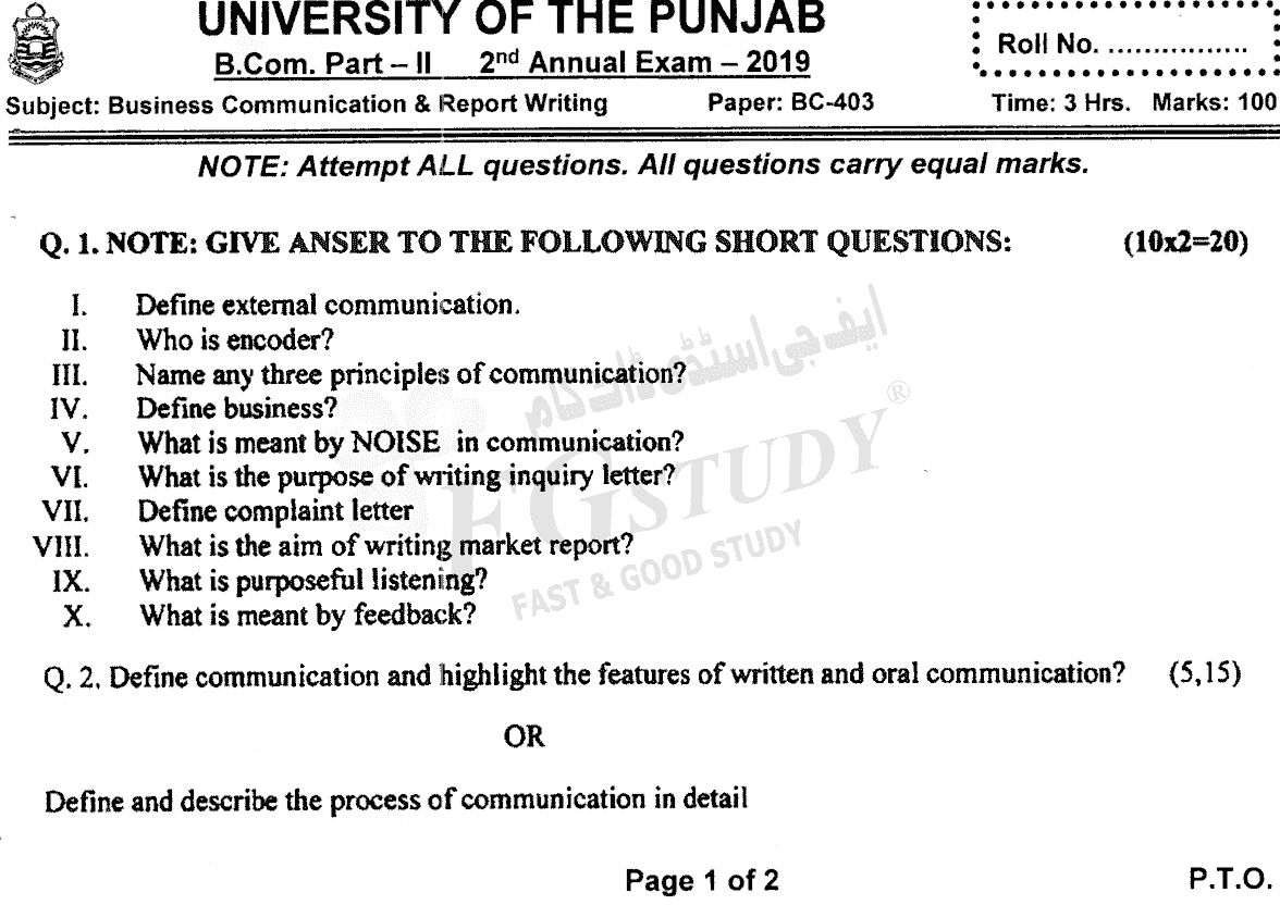 B Com Part 2 Business Communication And Report Writing Past Paper 2019 Punjab University