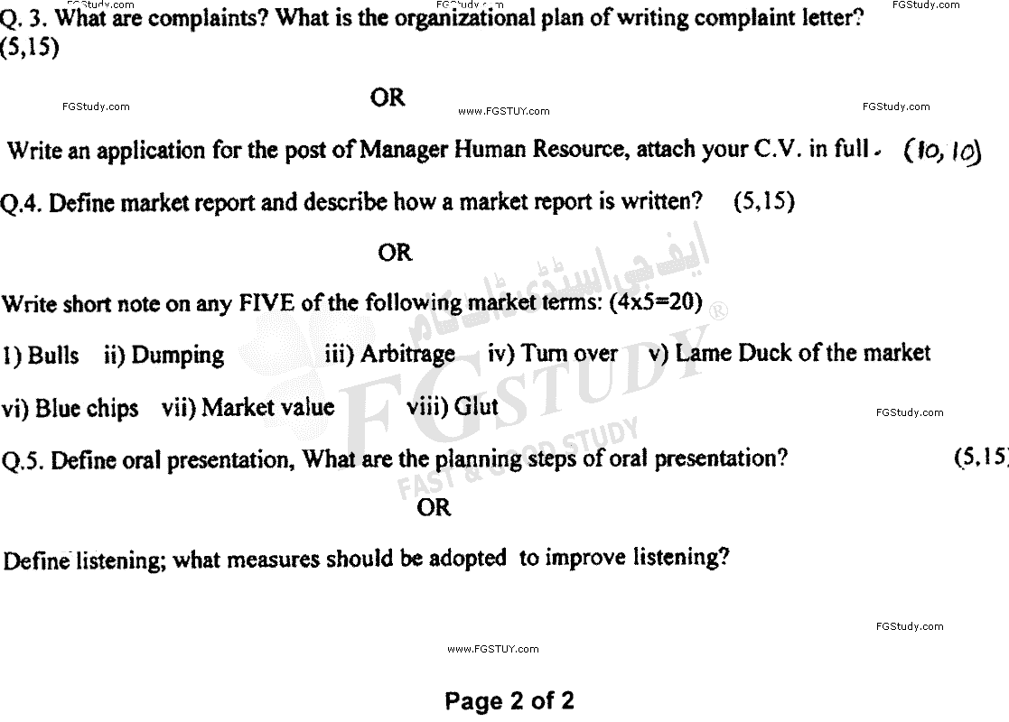 B Com Part 2 Business Communication And Report Writing Past Paper 2019 Punjab University