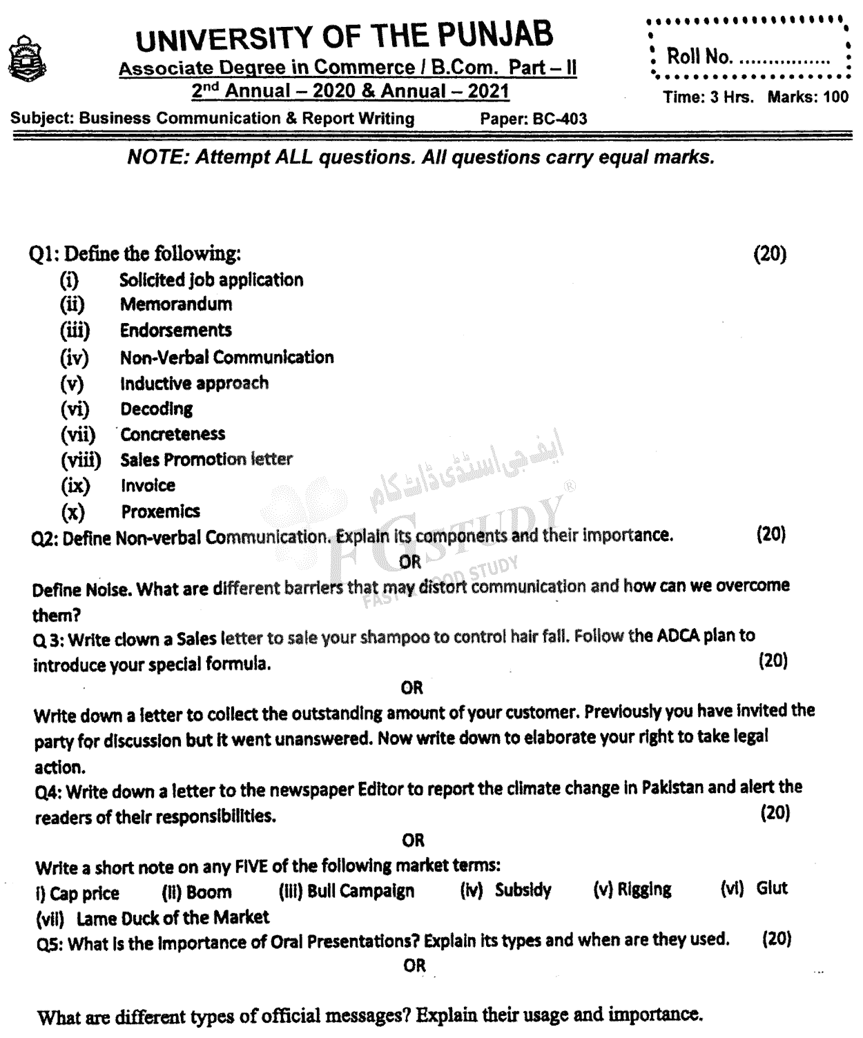 B Com Part 2 Business Communication And Report Writing Past Paper 2021 Punjab University