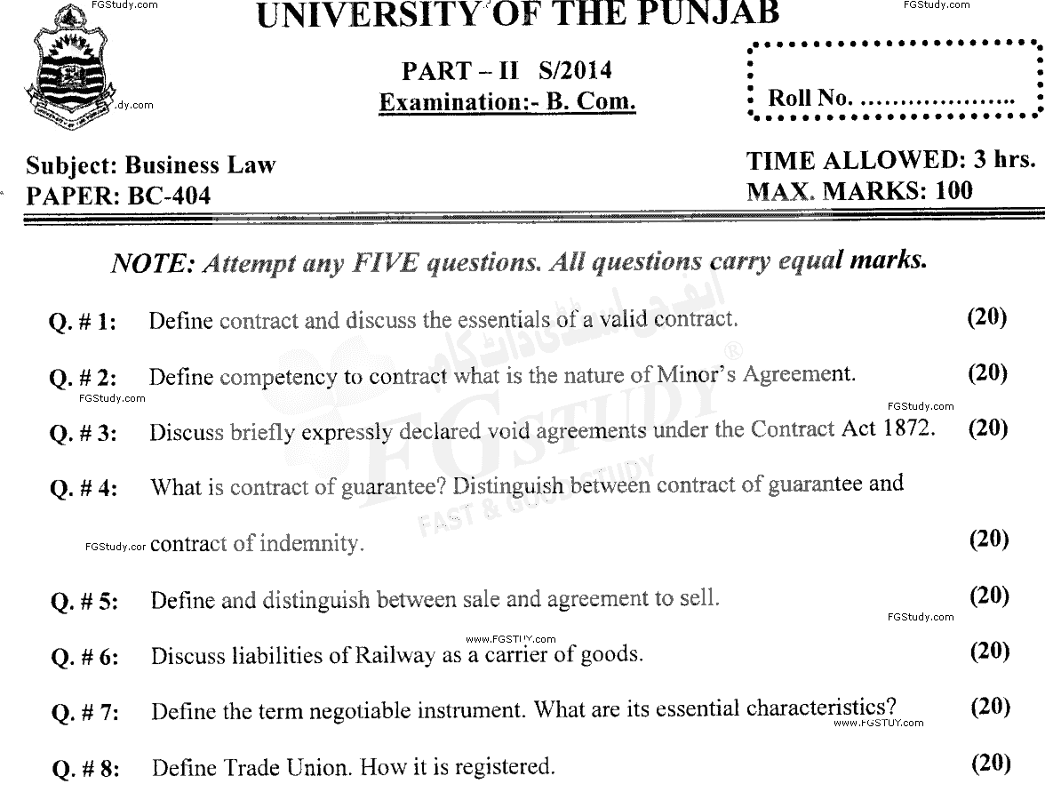 B Com Part 2 Business Law Past Paper 2014 Punjab University