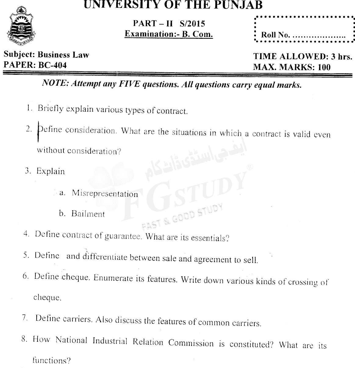 B Com Part 2 Business Law Past Paper 2015 Punjab University