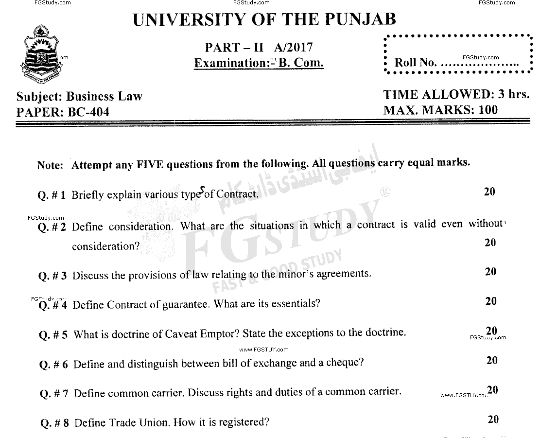 B Com Part 2 Business Law Past Paper 2017 Punjab University