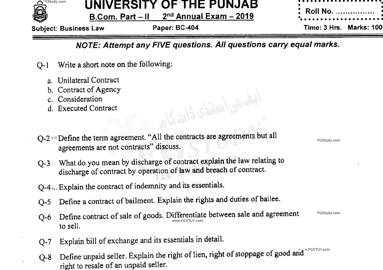 B Com Part 2 Business Law Past Paper 2019 Punjab University