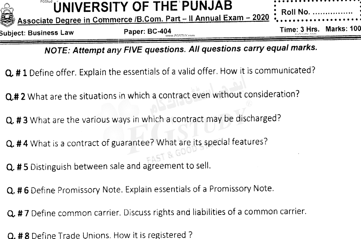B Com Part 2 Business Law Past Paper 2020 Punjab University